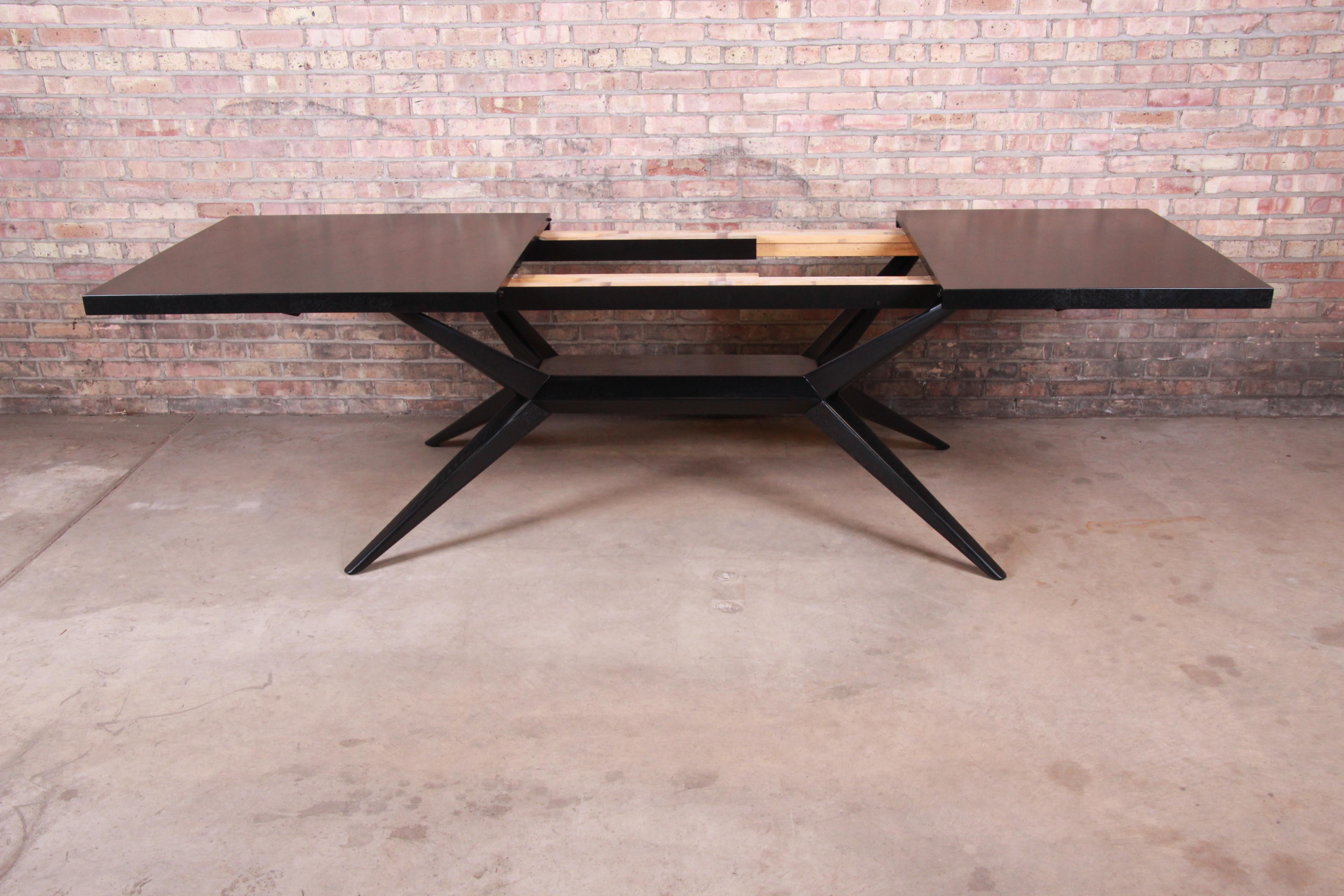 Mid-20th Century Harold Schwartz for Romweber Ebonized Spider Leg Dining Table, Newly Refinished