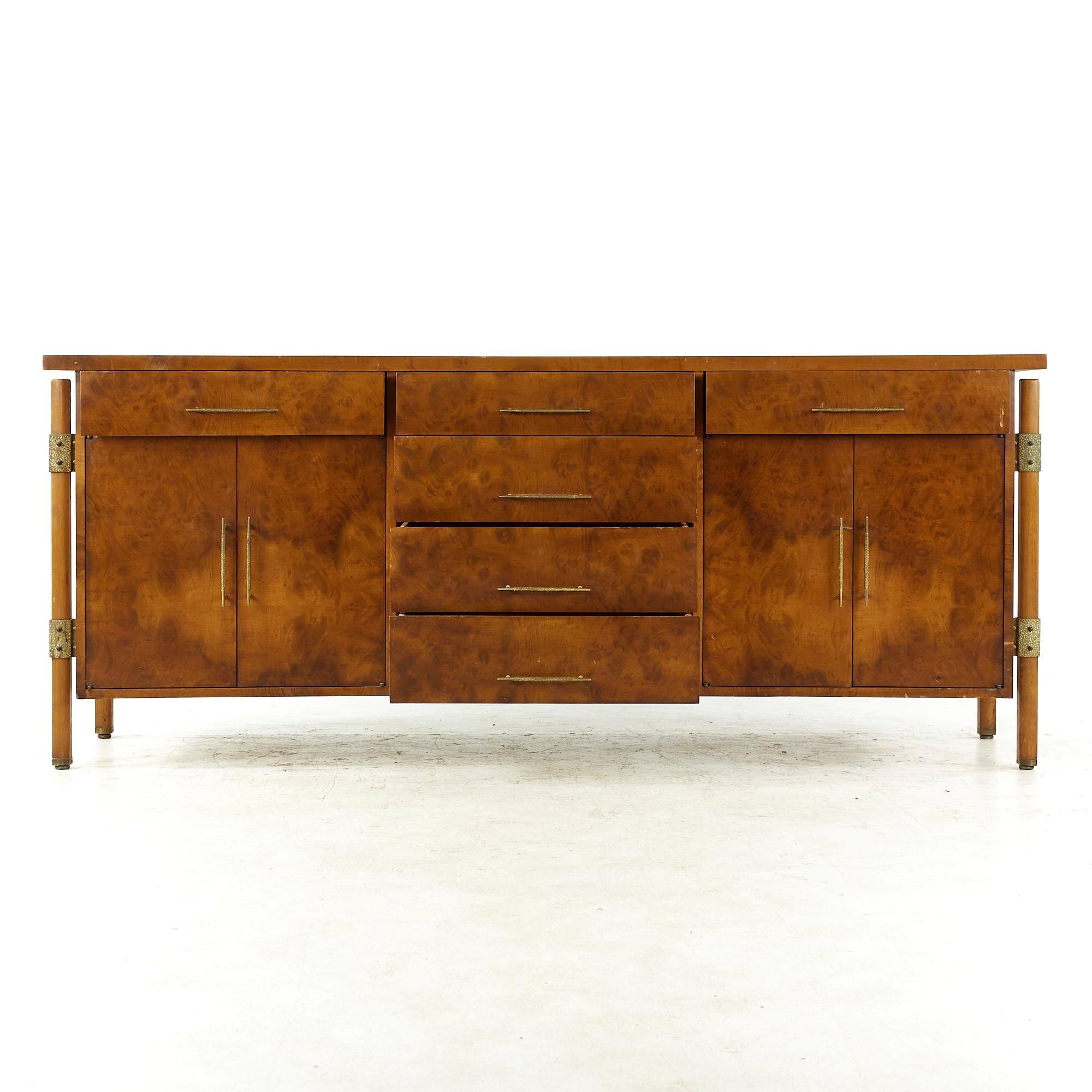Harold Schwartz for Romweber Midcentury Burlwood and Brass Buffet and Hutch For Sale 7