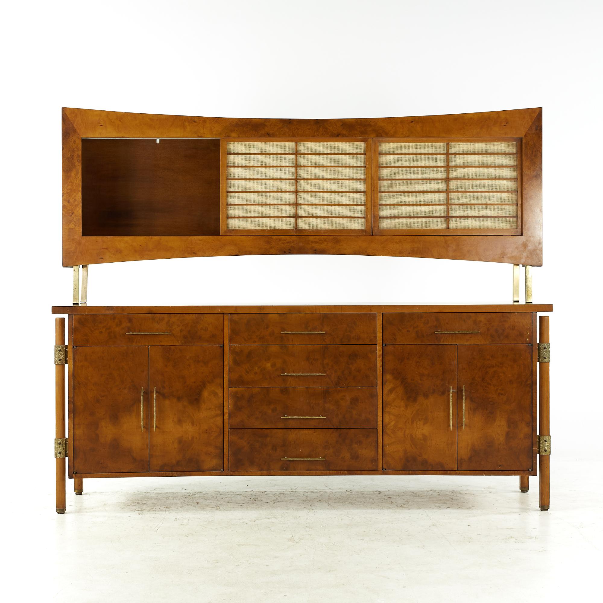 Harold Schwartz for Romweber midcentury Burlwood and Brass Buffet and Hutch

The buffet measures: 78.25 wide x 24 deep x 33 inches high
The hutch measures: 78 wide x 14 deep x 31.75 inches high
The combined height of the buffet and hutch is