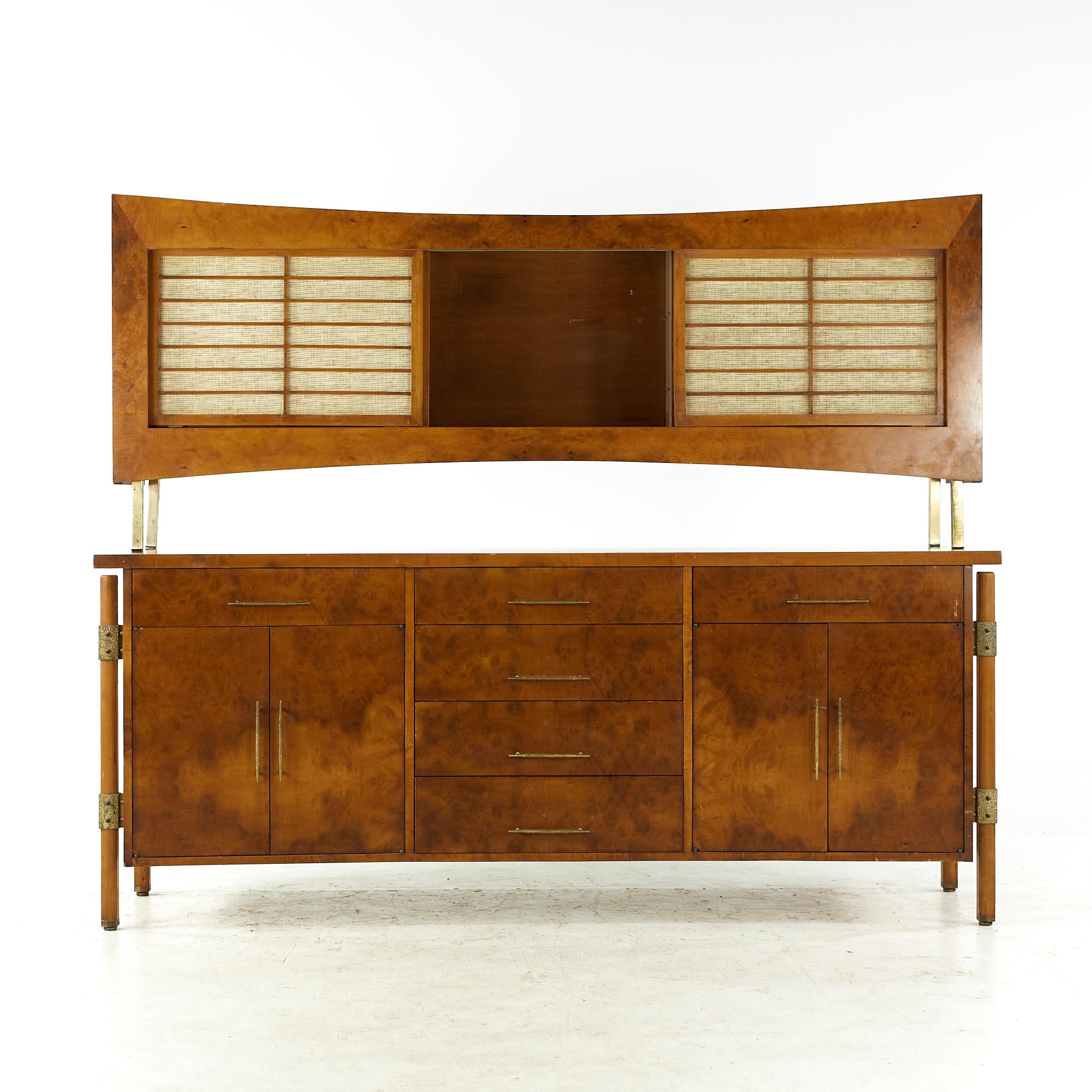 Mid-Century Modern Harold Schwartz for Romweber Midcentury Burlwood and Brass Buffet and Hutch For Sale