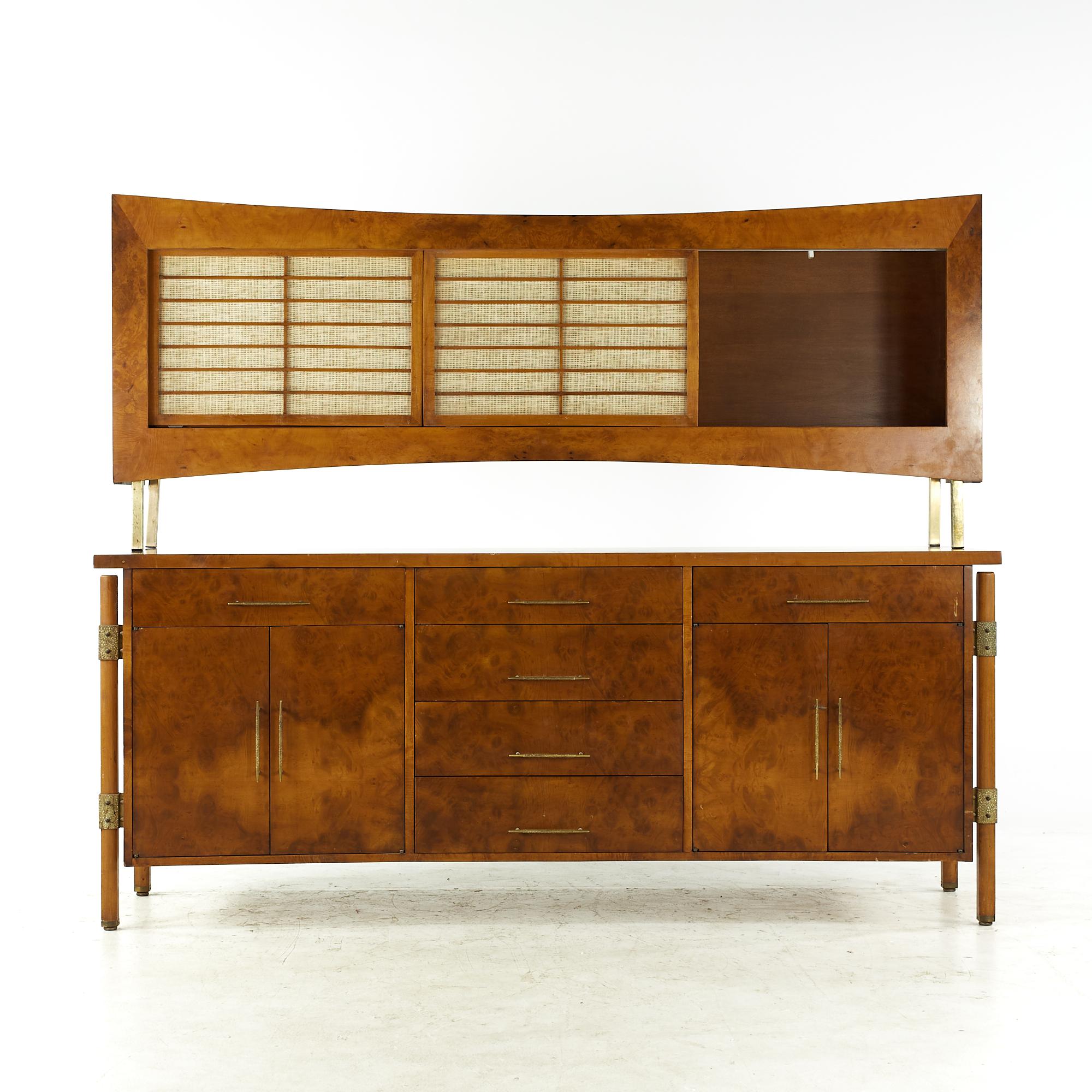 American Harold Schwartz for Romweber Midcentury Burlwood and Brass Buffet and Hutch For Sale