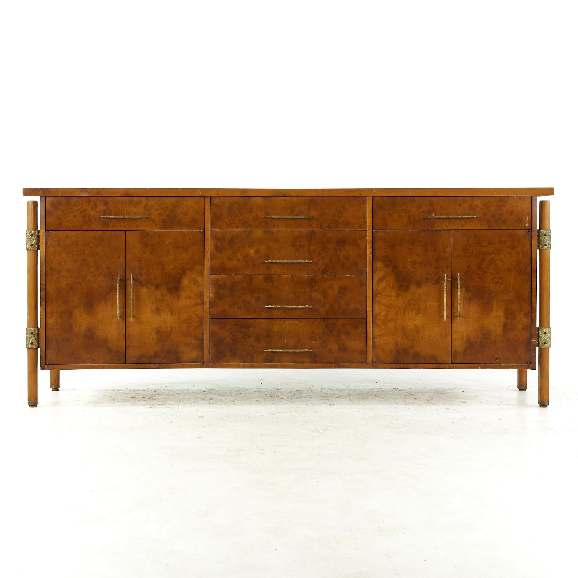 Late 20th Century Harold Schwartz for Romweber Midcentury Burlwood and Brass Buffet and Hutch For Sale