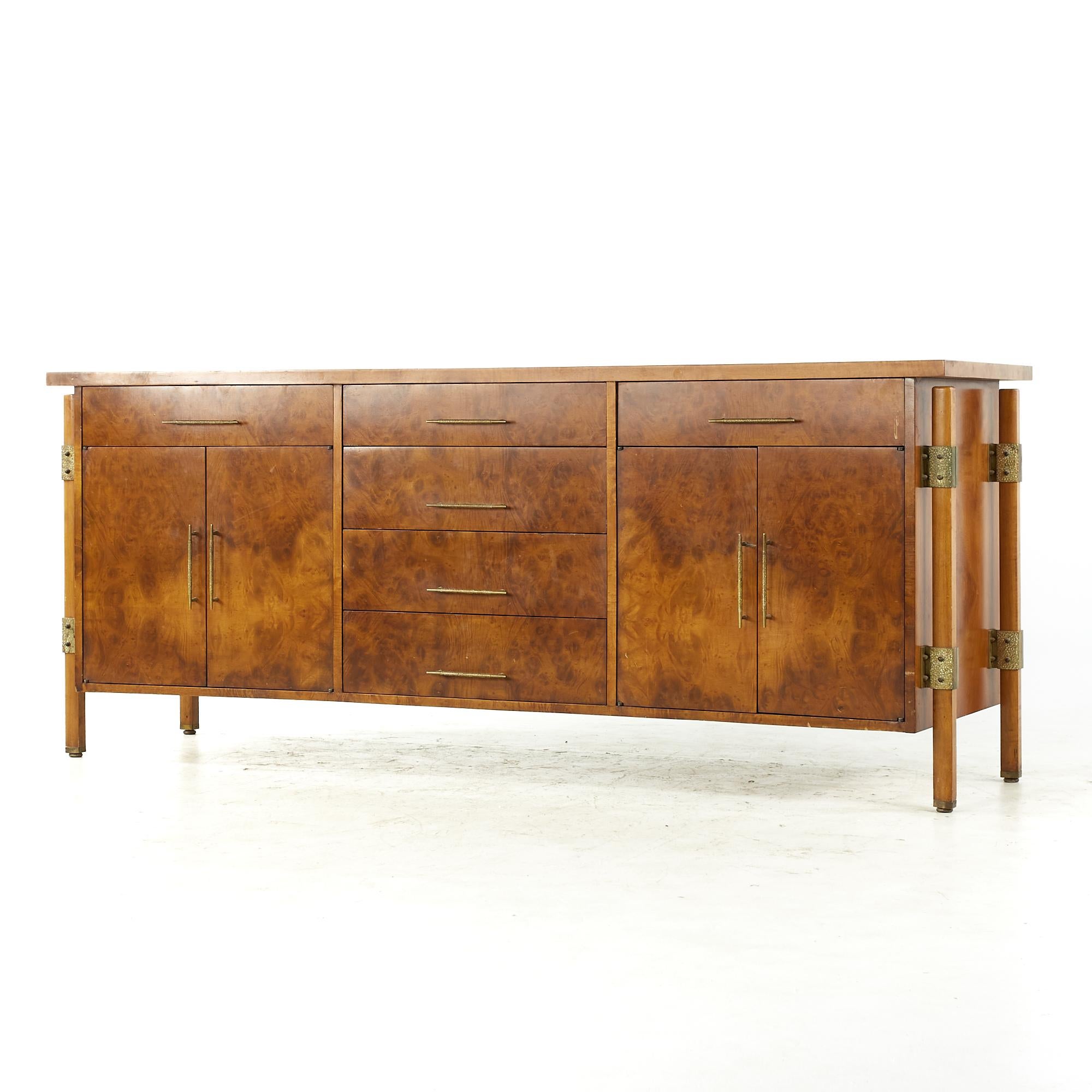 Harold Schwartz for Romweber Midcentury Burlwood and Brass Buffet and Hutch For Sale 1