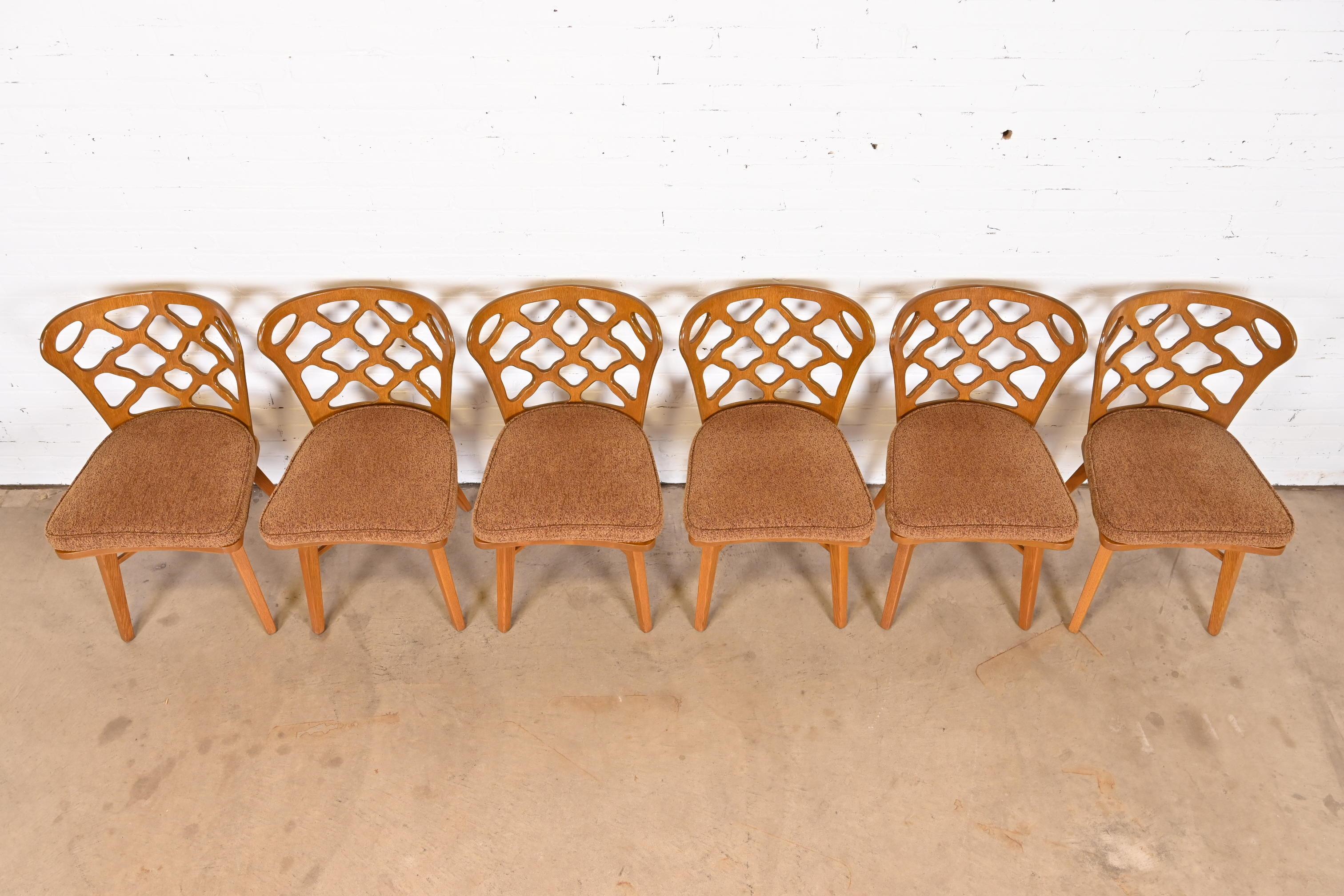 Upholstery Harold Schwartz for Romweber Sculpted Oak Dining Chairs, Set of Six