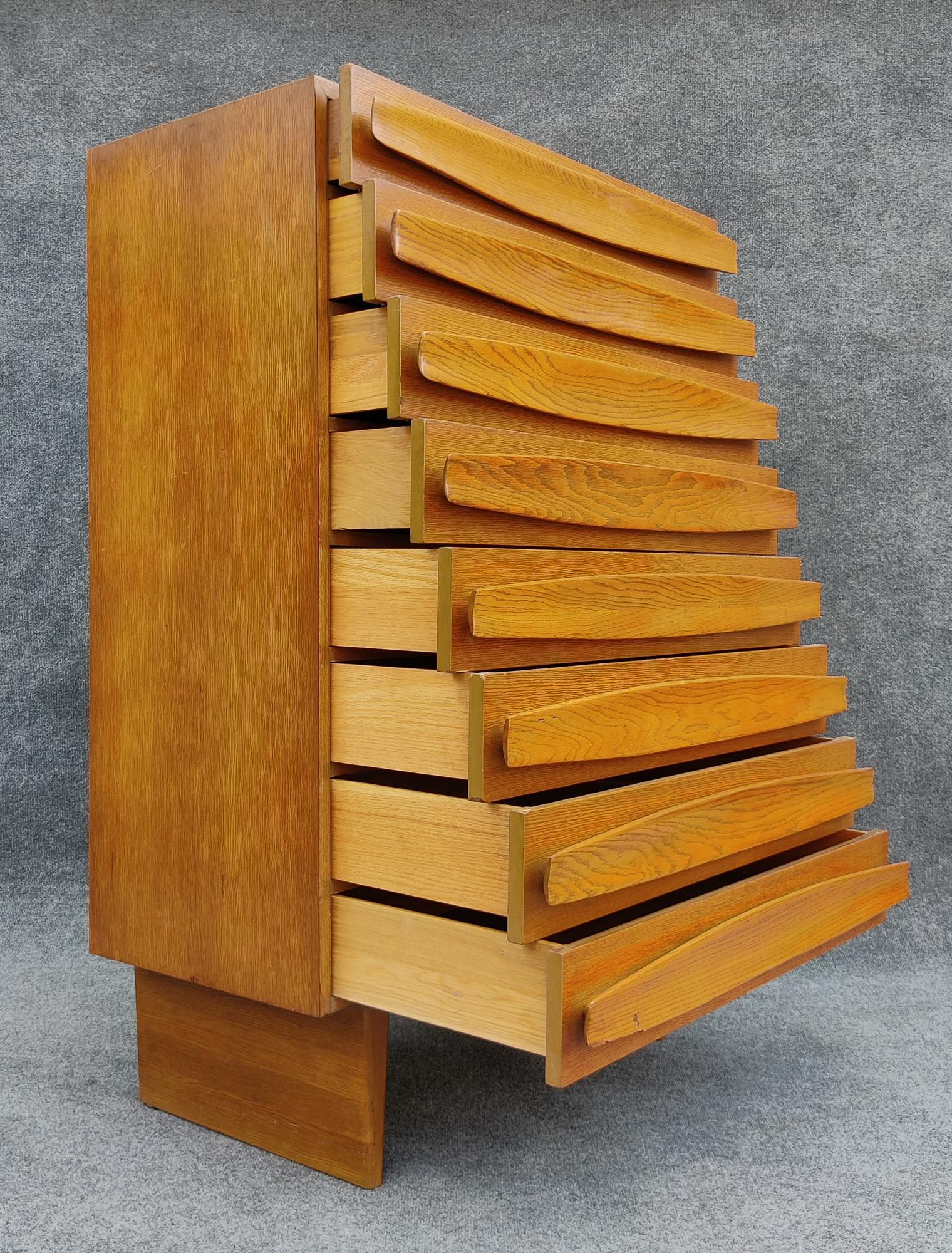 Mid-Century Modern Harold Schwartz Romweber Oak 8-Drawer Tall Chest, Sculptural & Architectural 50s For Sale