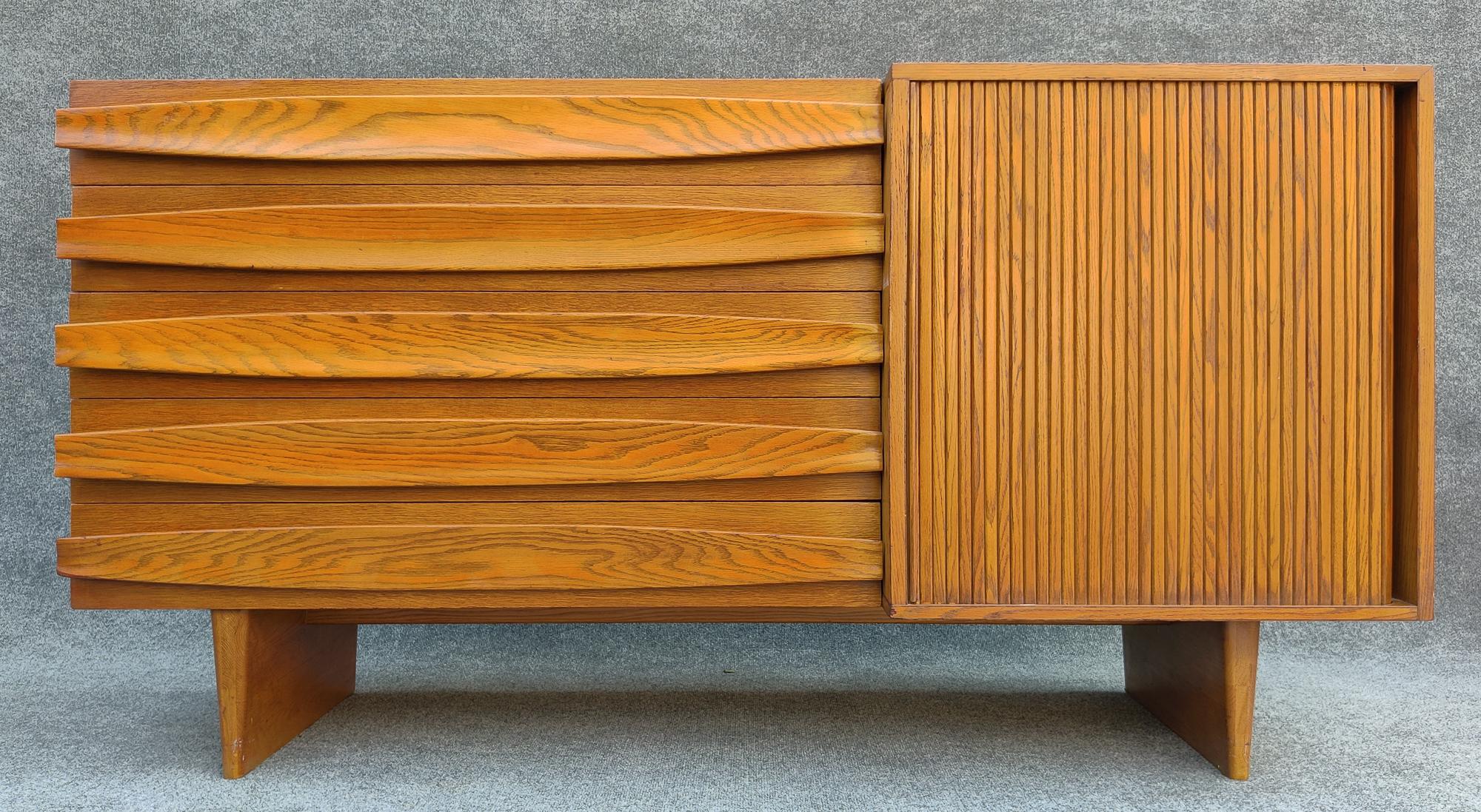 American Harold Schwartz Romweber Oak Tambour Cabinet, Sculptural & Architectural 1950s For Sale