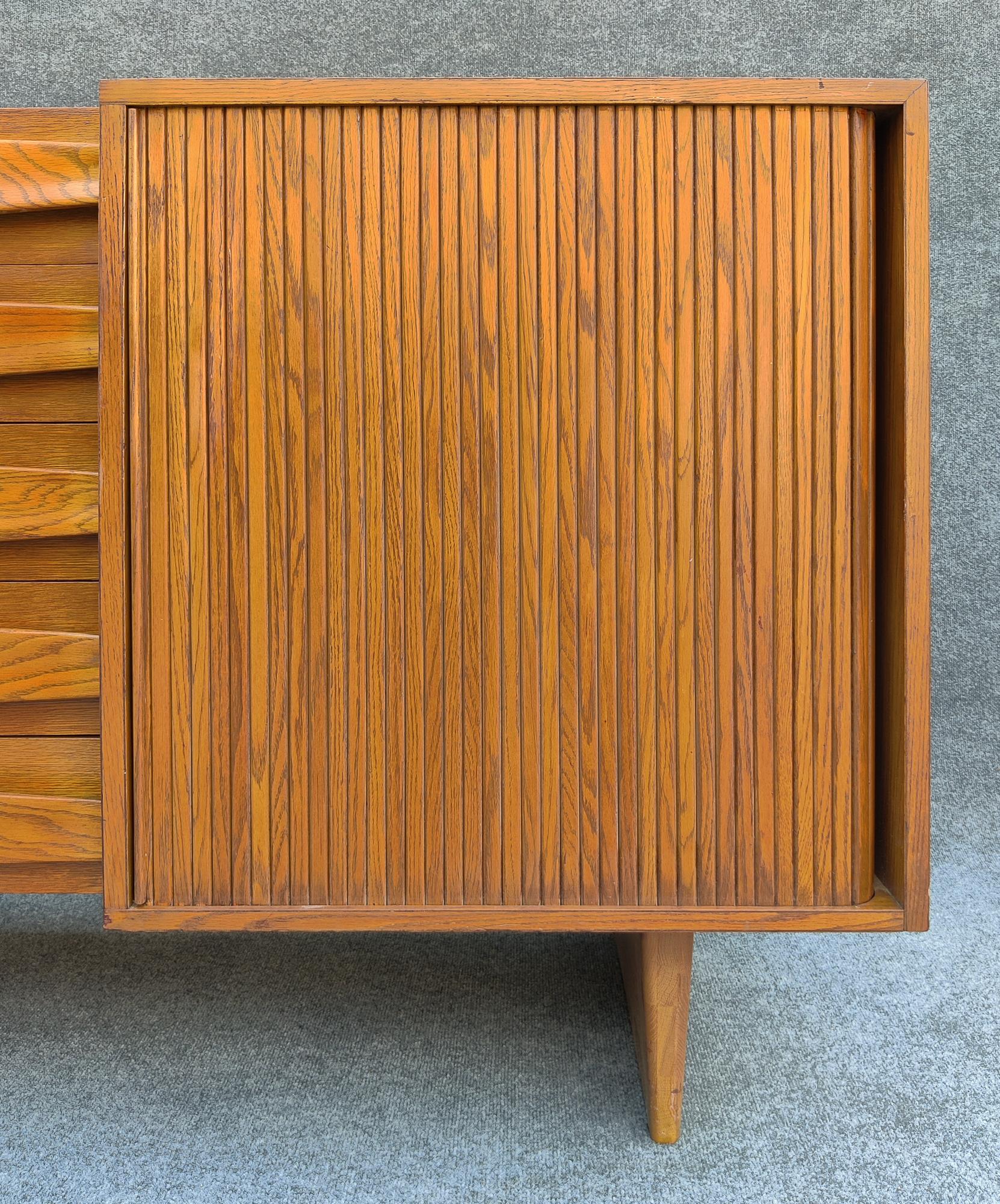 Carved Harold Schwartz Romweber Oak Tambour Cabinet, Sculptural & Architectural 1950s