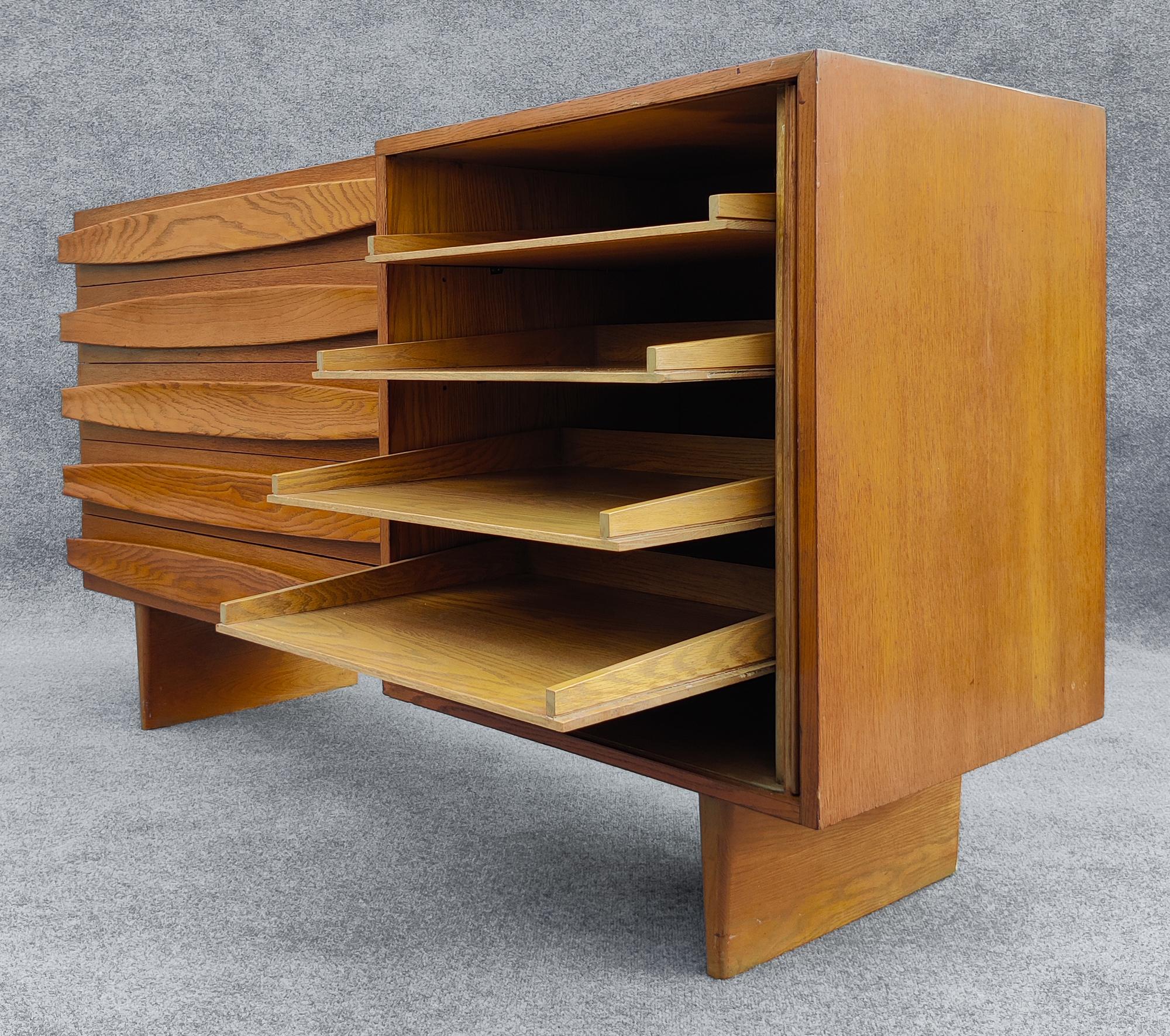 Harold Schwartz Romweber Oak Tambour Cabinet, Sculptural & Architectural 1950s In Good Condition For Sale In Philadelphia, PA