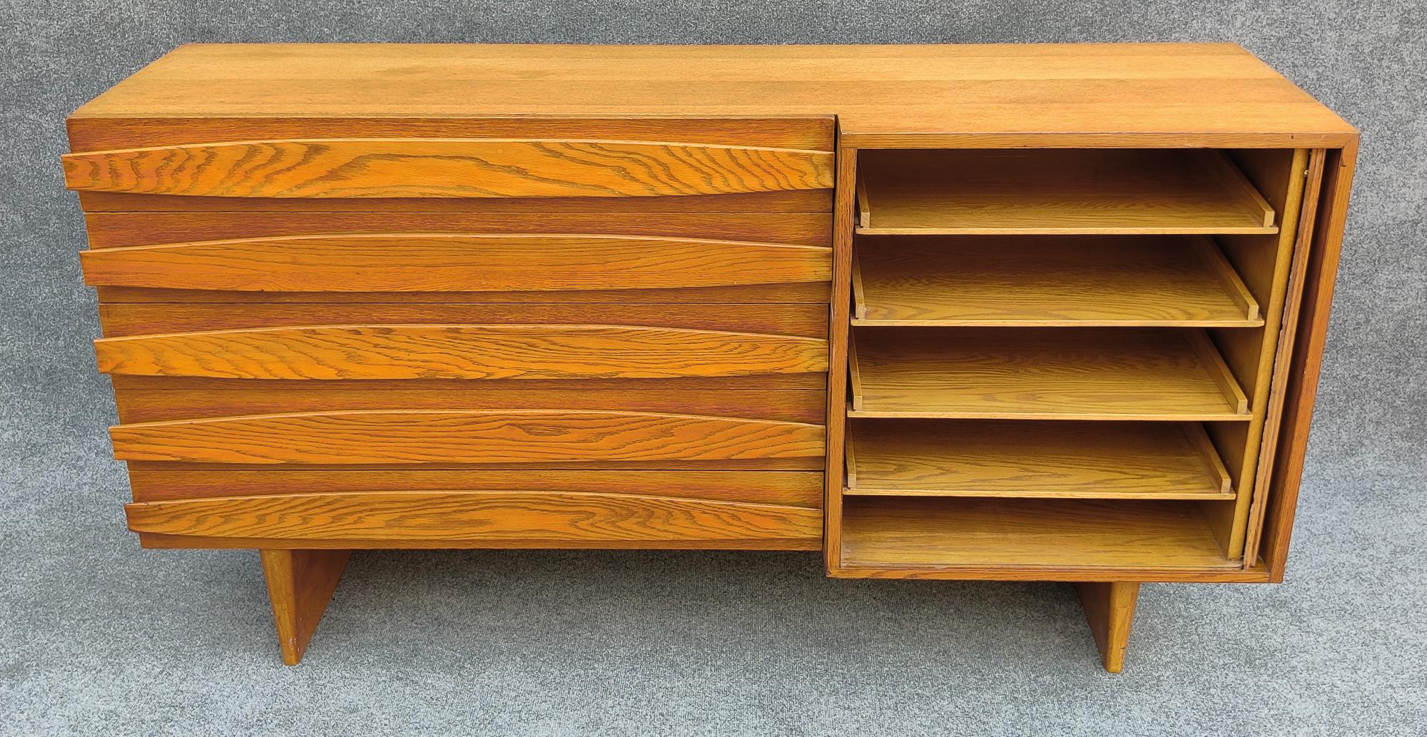 Mid-20th Century Harold Schwartz Romweber Oak Tambour Cabinet, Sculptural & Architectural 1950s For Sale