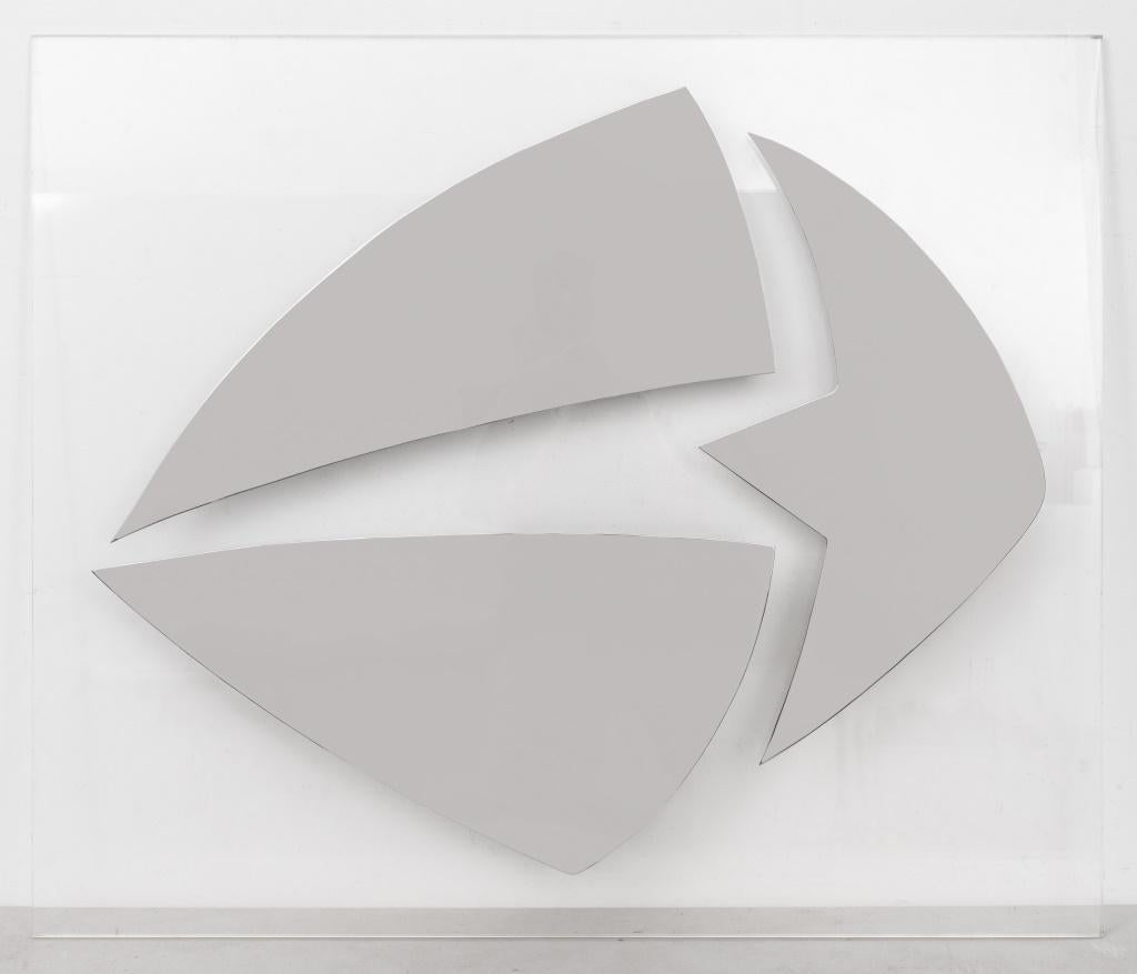 Harold Sclar (American, 1930-2003) modern abstract wall sculpture with three chromed metal elements, 1978, mounted to a heavy Lucite plaque, signed 