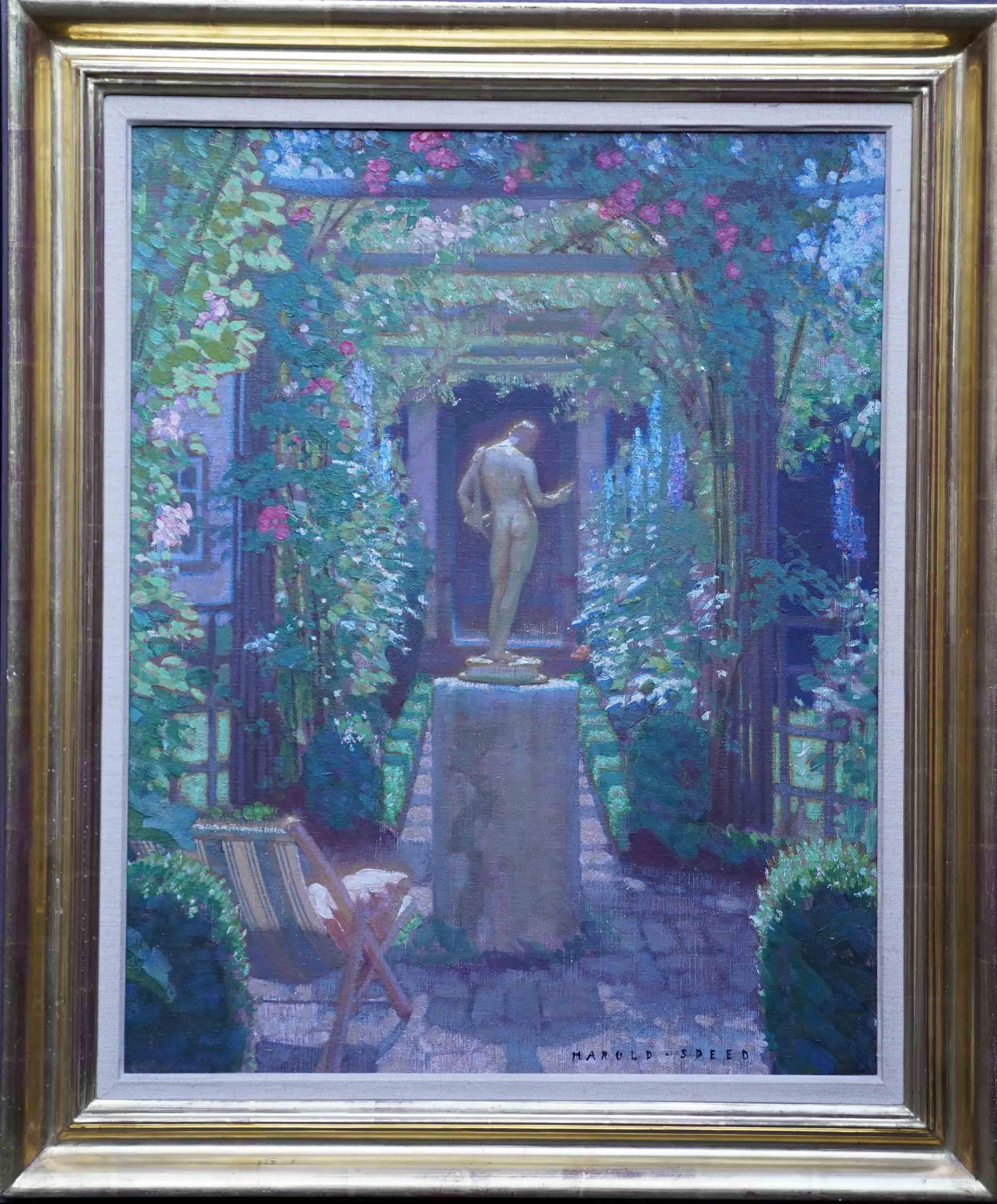 Garden with Classical Statue - British 1930's art gardenscape oil painting 9