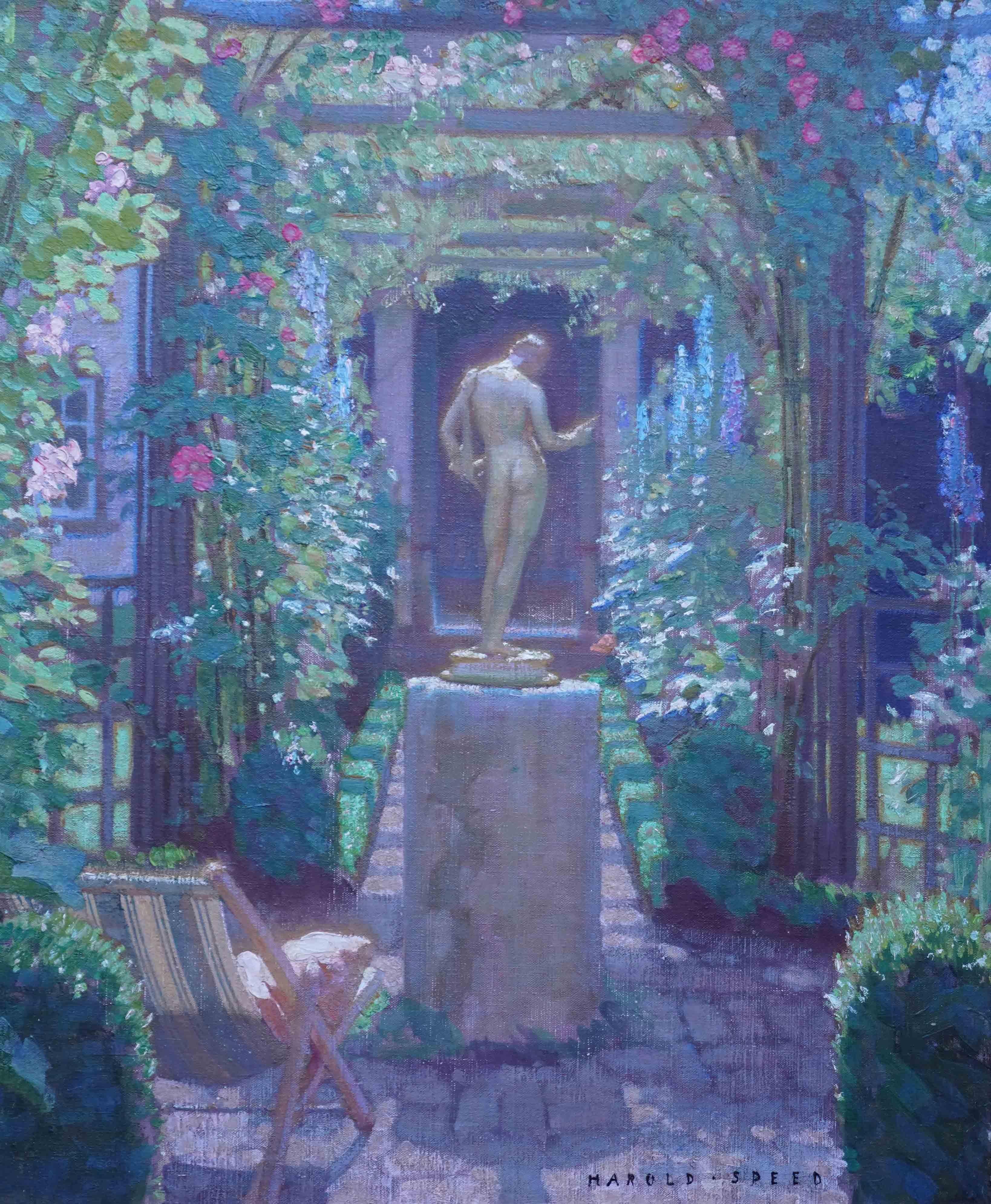 Garden with Classical Statue - British 1930's art gardenscape oil painting - Painting by Harold Speed