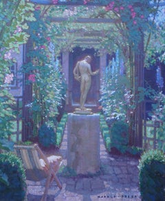 Garden with Classical Statue - British 1930's art gardenscape oil painting
