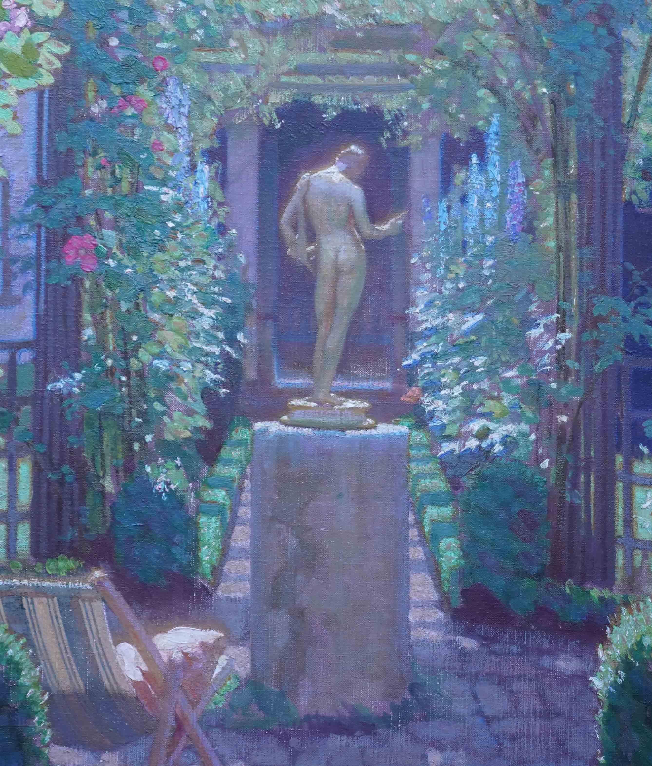 Garden with Classical Statue - British 1930's art gardenscape oil painting - Impressionist Painting by Harold Speed