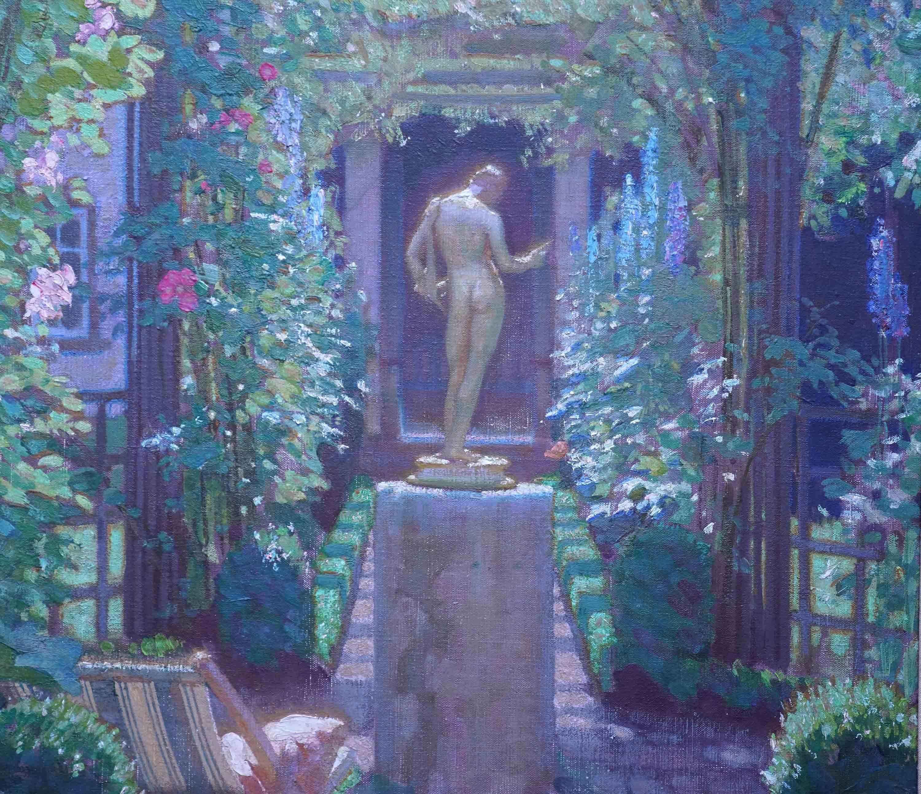This lovely British 1930's Impressionist garden landscape oil painting is by noted artist Harold Speed. Painted circa 1932 it is a view through a rose covered pergola towards a house. In the foreground is a classical statue on a plinth and a deck
