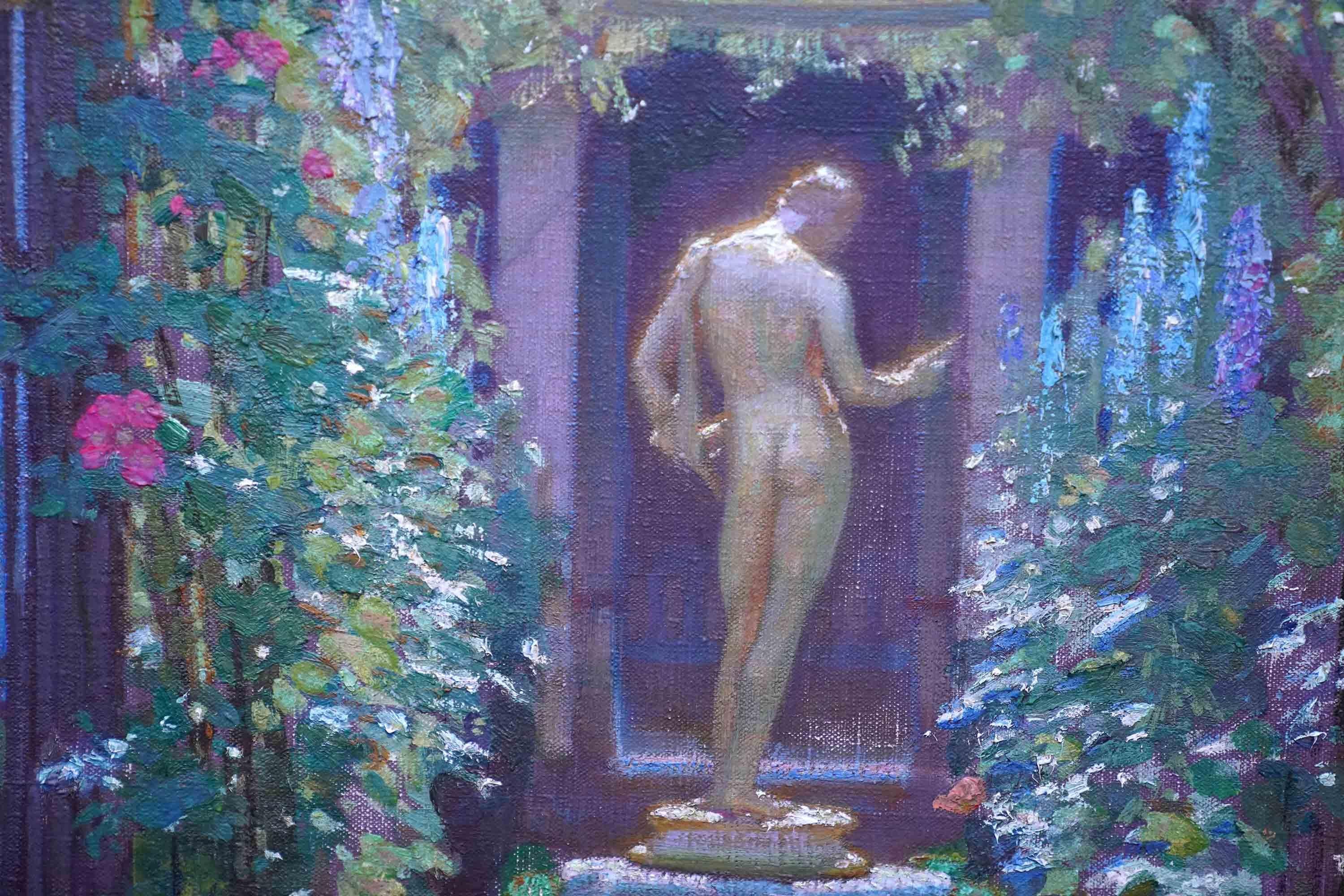 Garden with Classical Statue - British 1930's art gardenscape oil painting 1