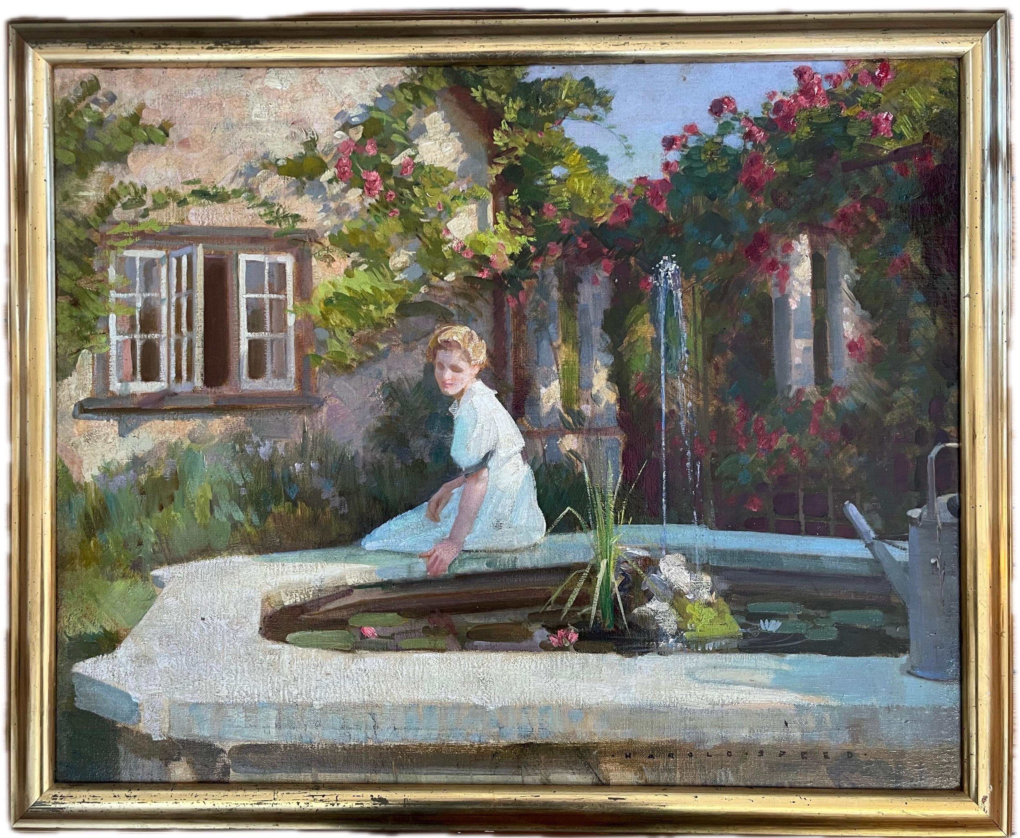 Harold Speed, dipinto impressionista britannico raffigurante una bellezza presso una fontana in vendita 1