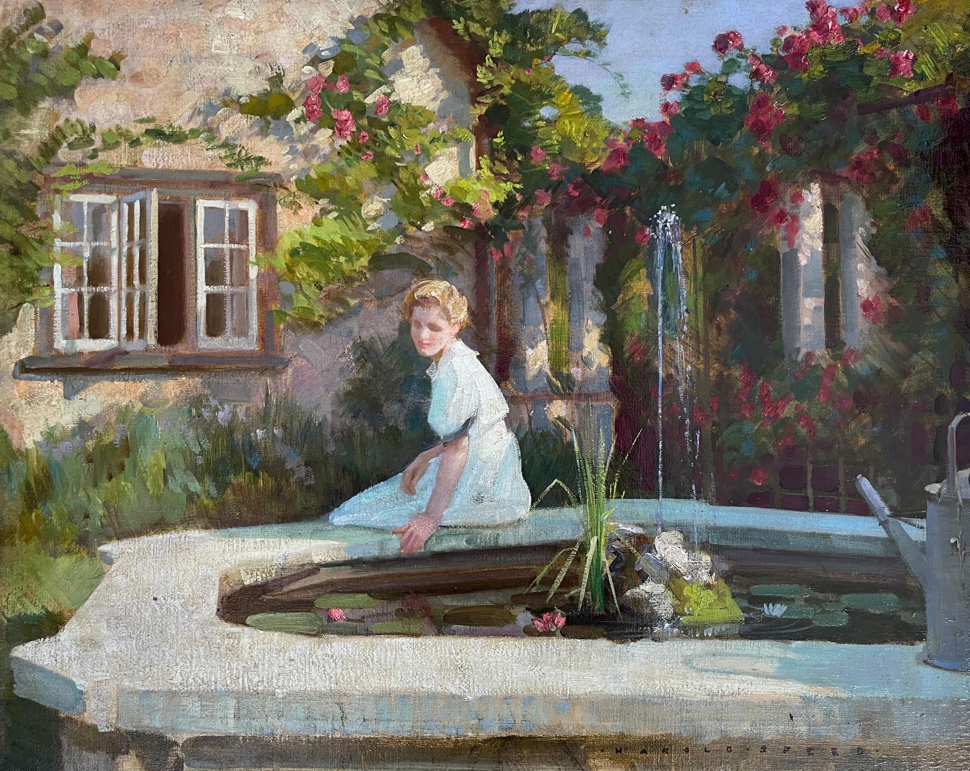 Harold Speed, dipinto impressionista britannico raffigurante una bellezza presso una fontana in vendita 2