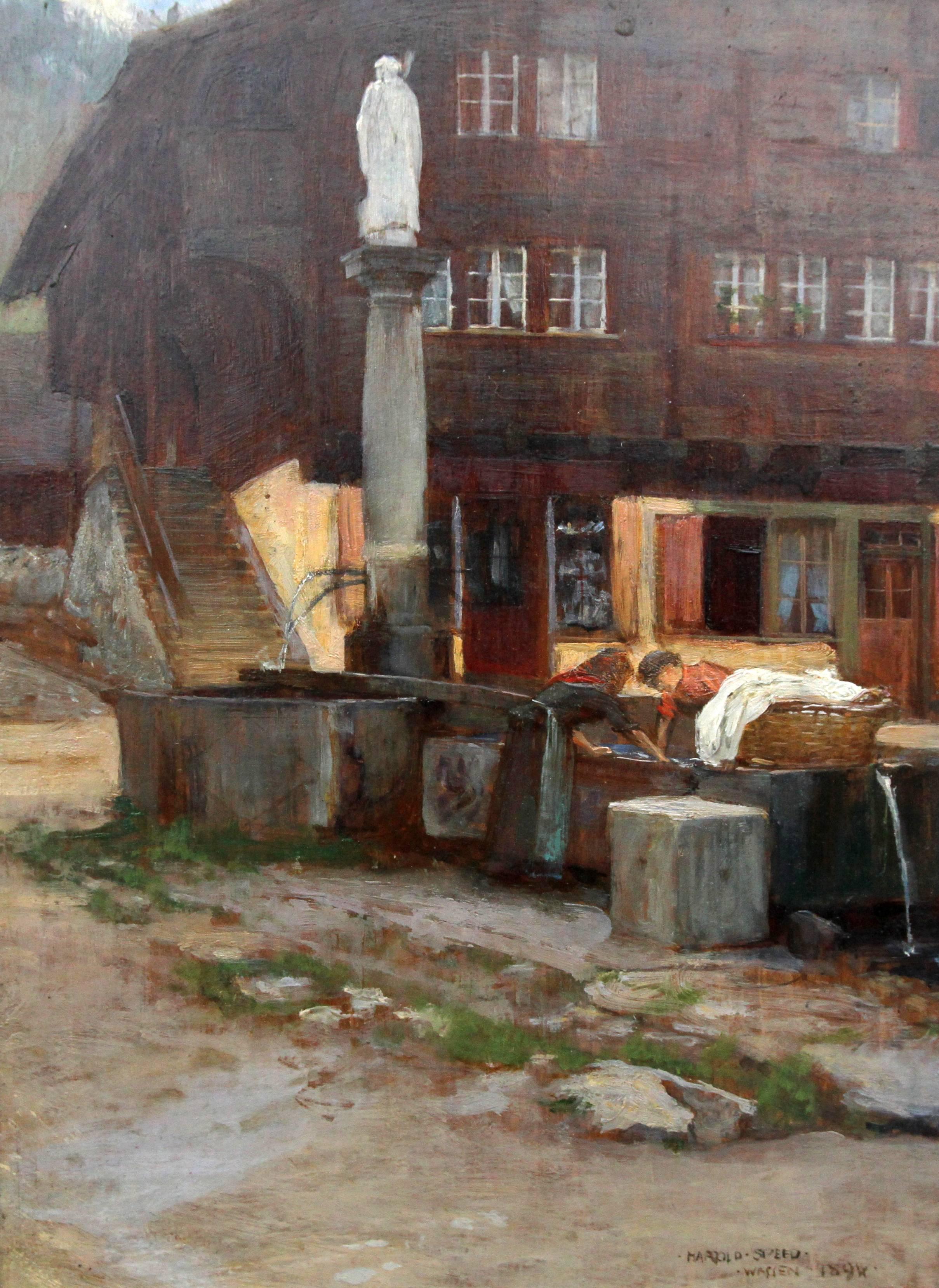 Wassen Switzerland - British Victorian art Impressionist oil painting of village - Painting by Harold Speed