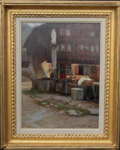 Antique Wassen Switzerland - British Victorian art Impressionist oil painting of village