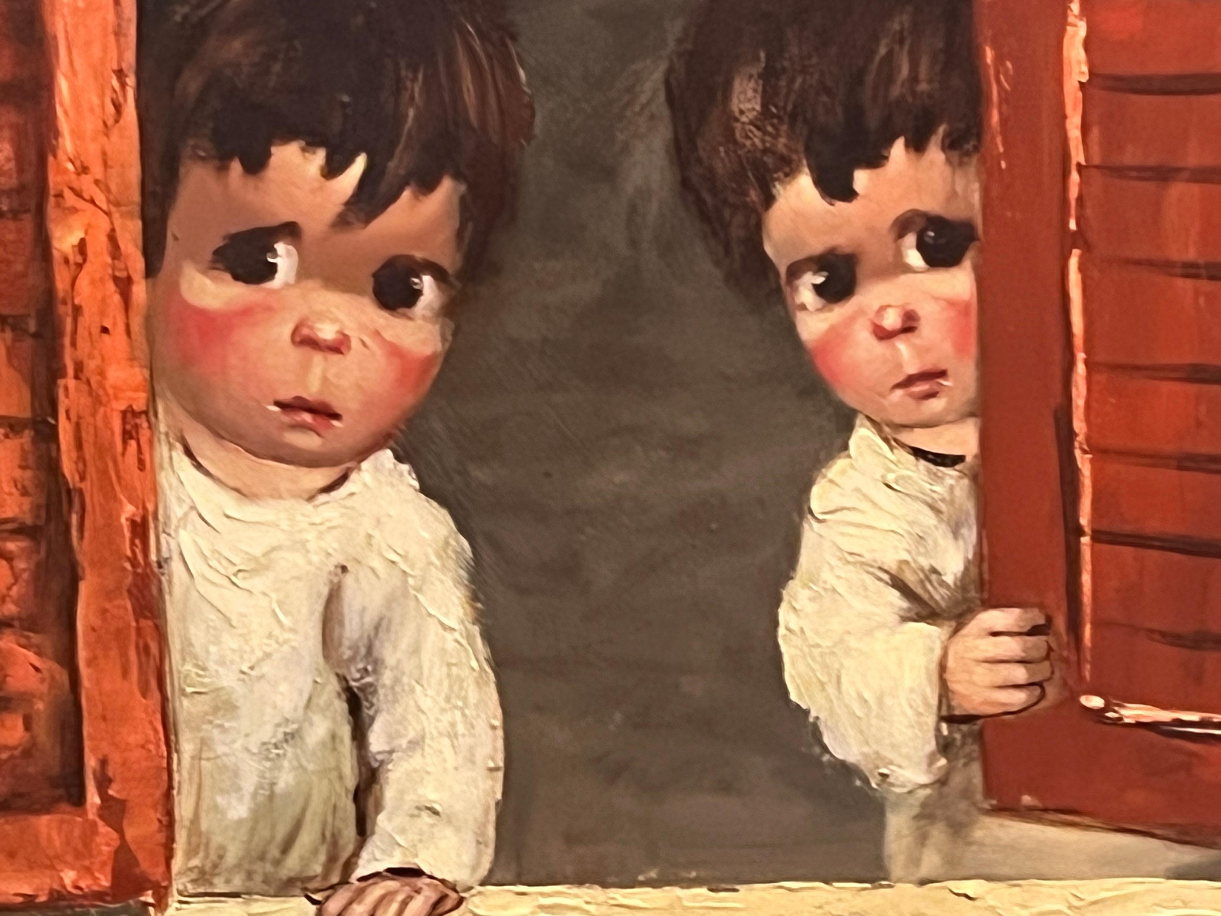 This painting features two children with big brown eyes peeking behind red-slatted shutters. The innocence on their faces contrasts with some sense of embarrassment, like if they had done something naughty they wanted to hide.

Harold Stephenson,
