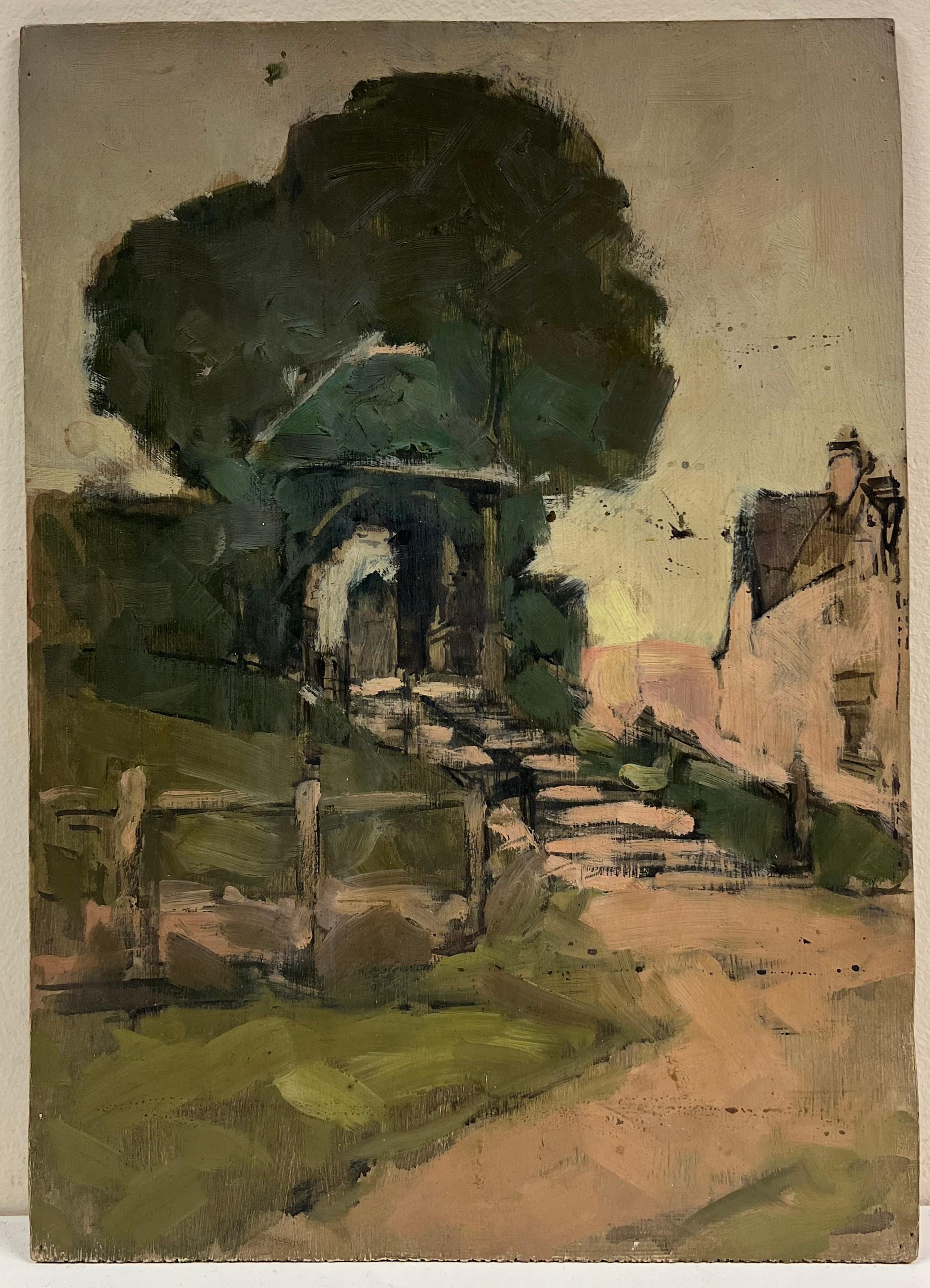 1920's Scottish Impressionist Oil Painting Pink Step Pathway Rustic Archway - Brown Landscape Painting by Harold Storey