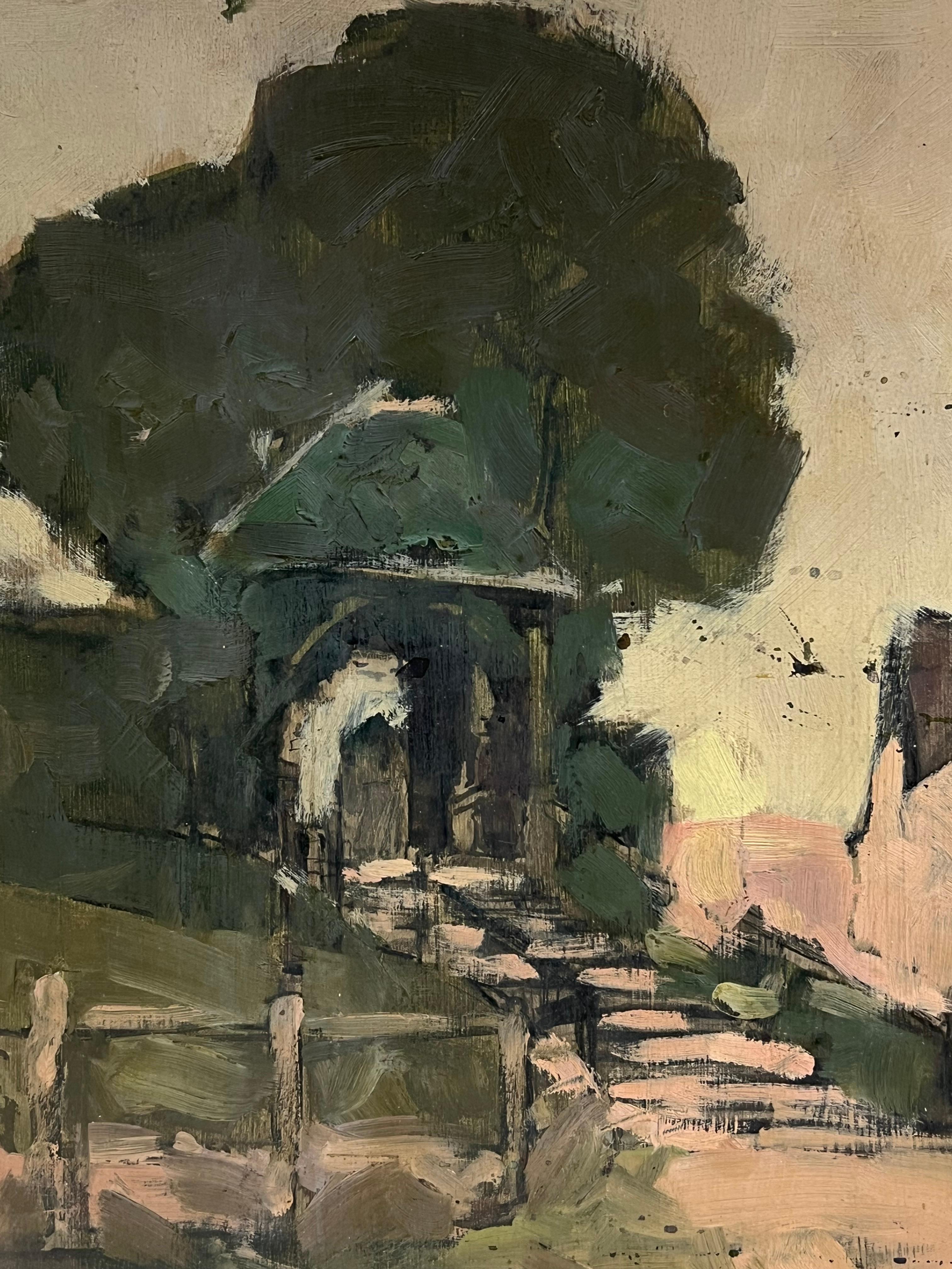 Pink Step Pathway 
Harold Storey ( 1888 - 1965)
signed and dated 1925 verso
oil on board, unframed
board : 14 x 10 inches
Provenance: private collection
Condition: some scuffs and paint loss but overall sound condition

Painter of Scottish subjects,