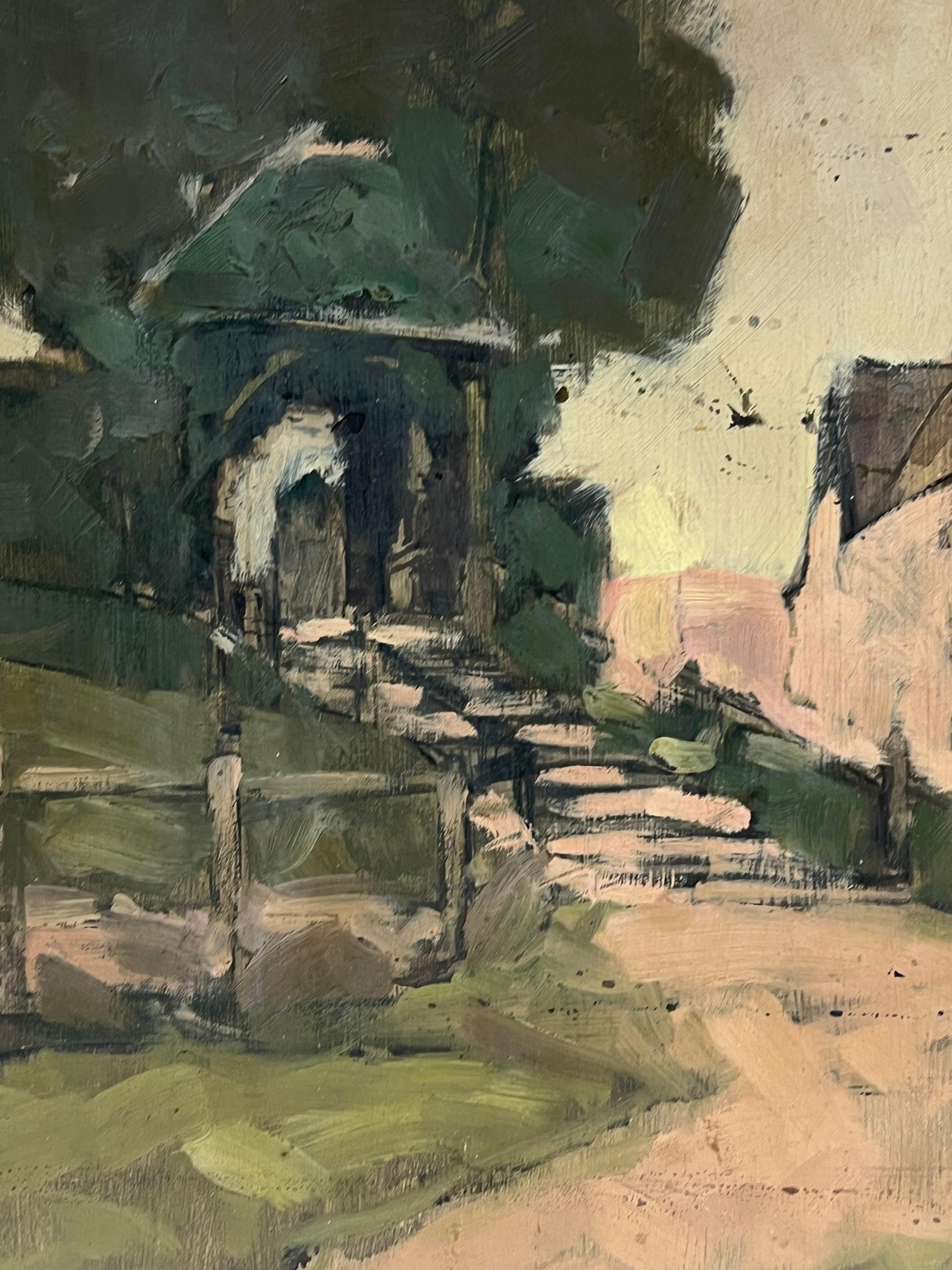 1920's Scottish Impressionist Oil Painting Pink Step Pathway Rustic Archway For Sale 1