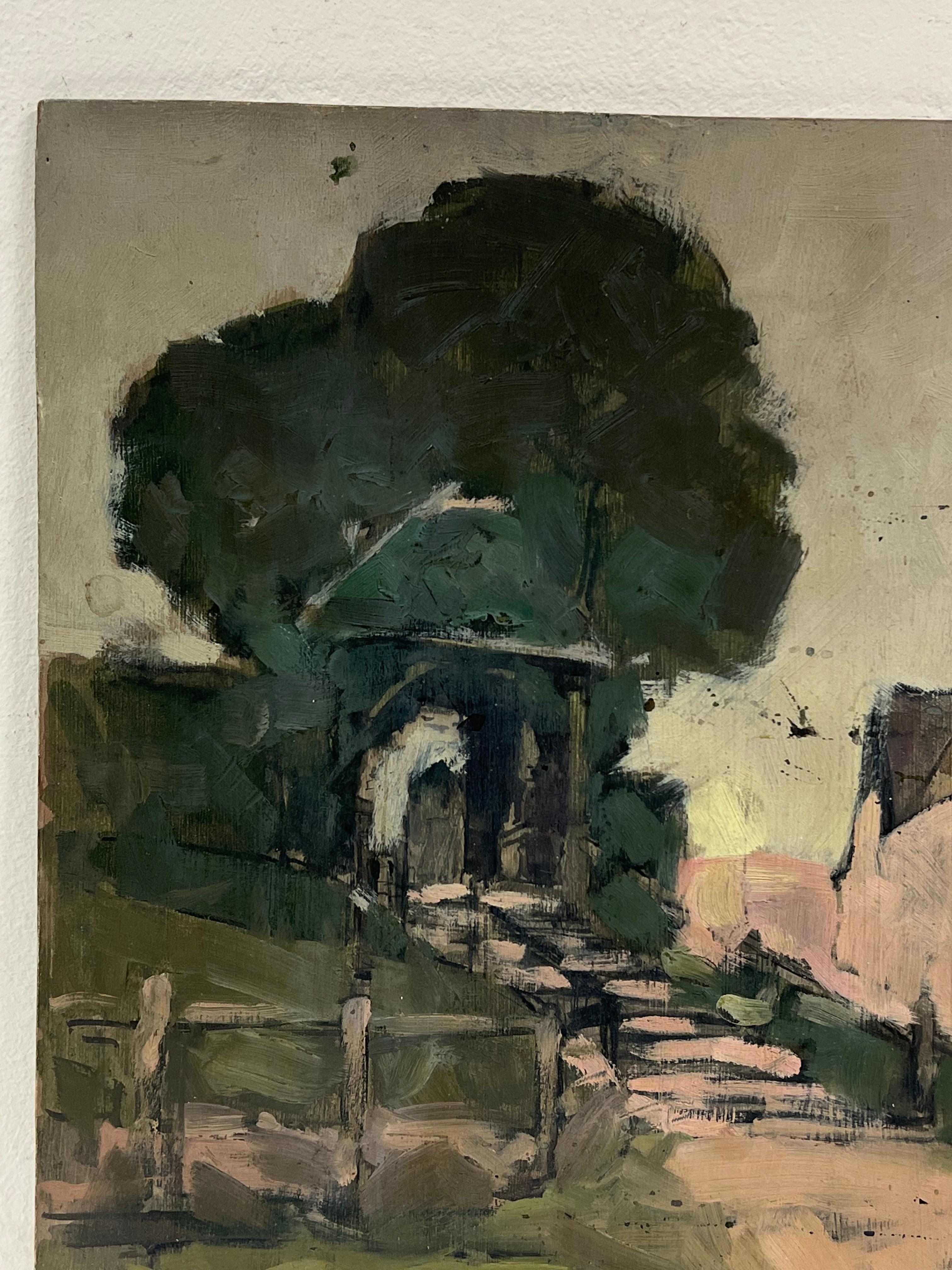 1920's Scottish Impressionist Oil Painting Pink Step Pathway Rustic Archway For Sale 2