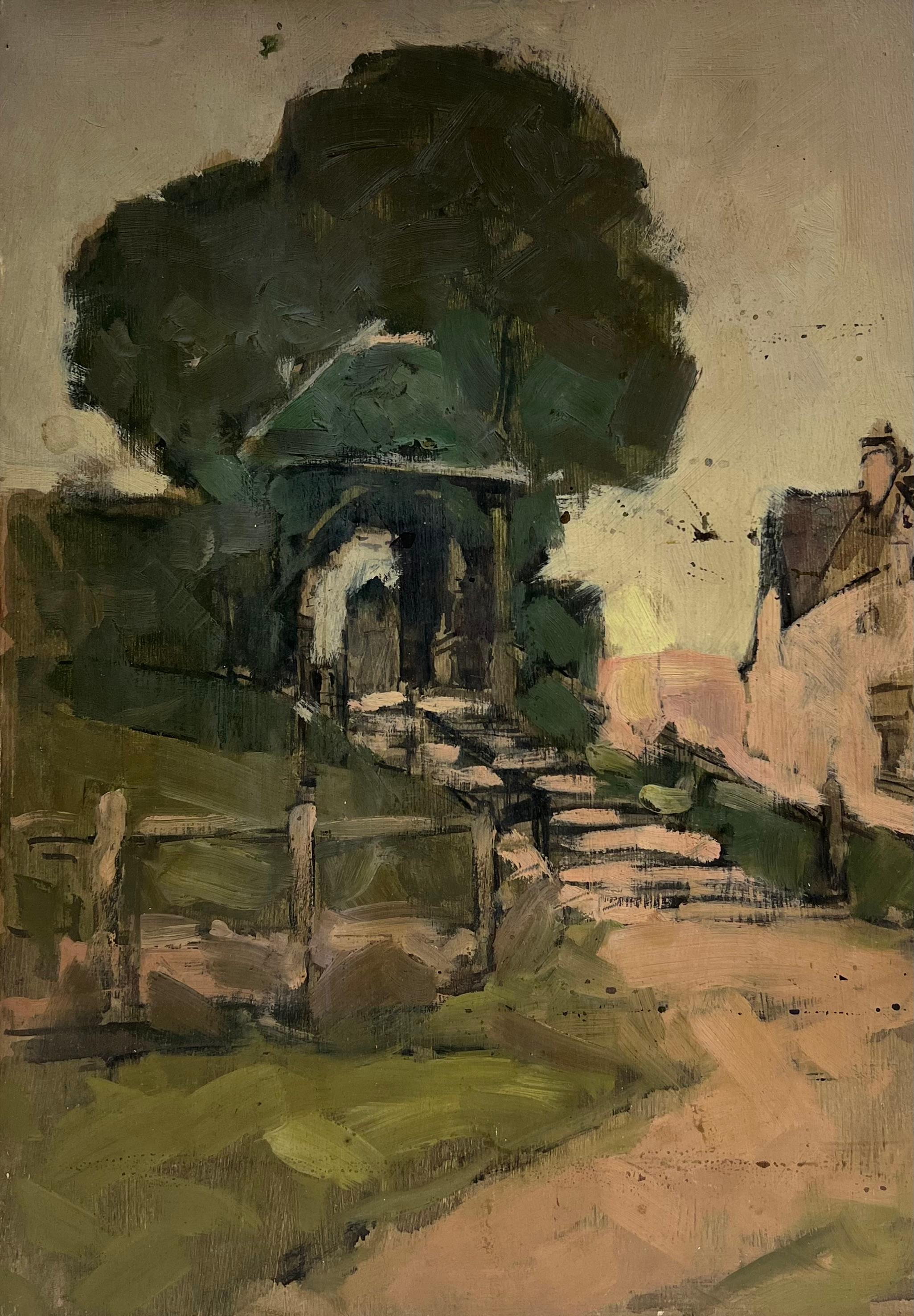 Harold Storey Landscape Painting - 1920's Scottish Impressionist Oil Painting Pink Step Pathway Rustic Archway