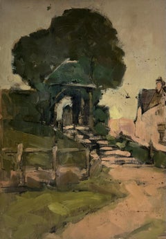1920's Scottish Impressionist Oil Painting Pink Step Pathway Rustic Archway
