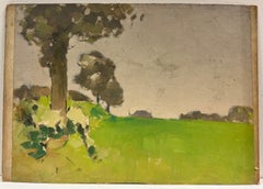Bright Green Countryside Scene with Soft Trees Landscape 1920's Scottish Oil