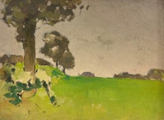 Scène de campagne en vert vif avec arbres doux Paysage Huile écossaise des années 1920