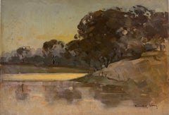 Tranquil Evening Yellow River Bank Antique Scottish Oil Painting