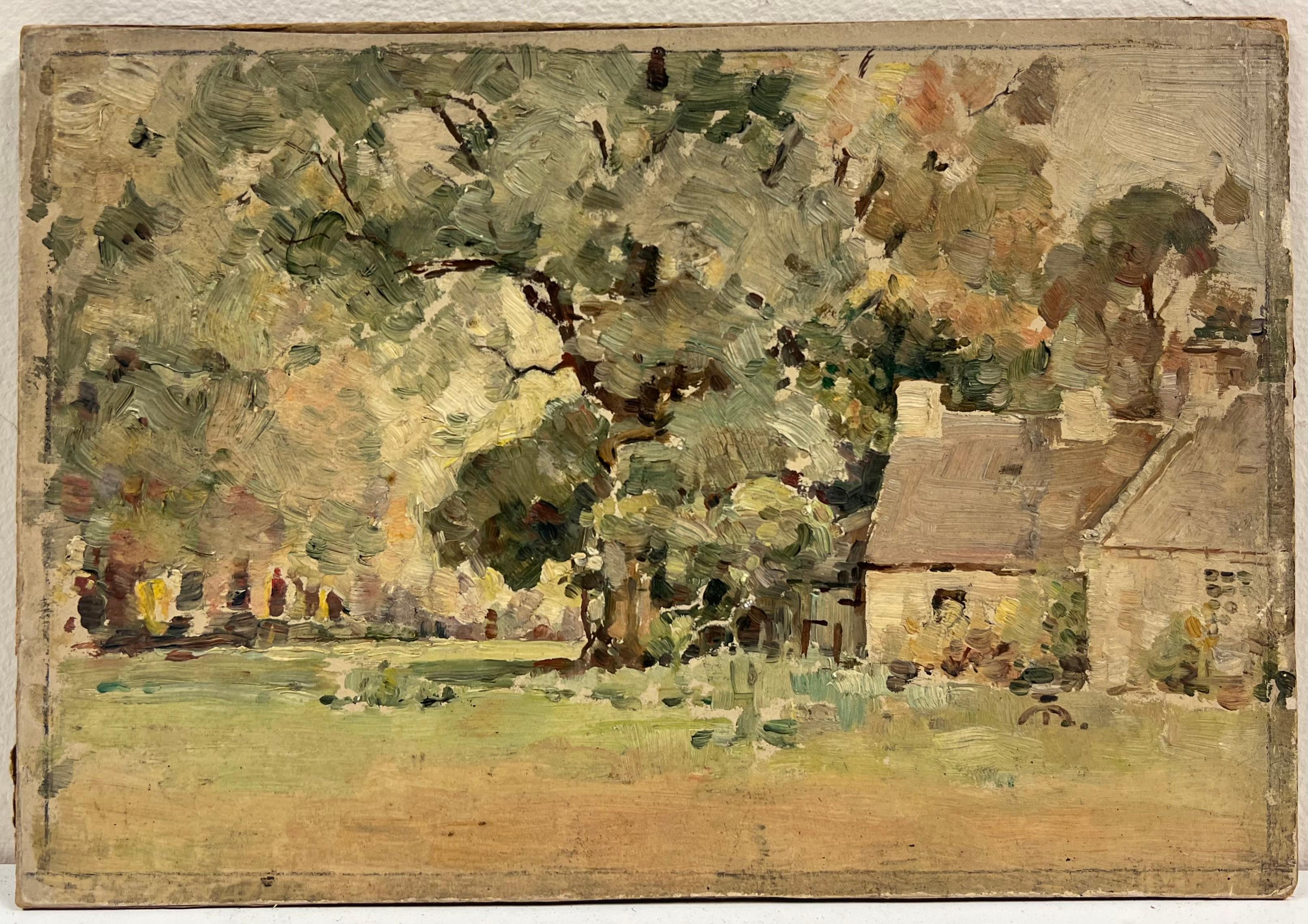 Vintage 1940's Scottish Ölgemälde Old Cottage unter Wald Grün – Painting von Harold Storey