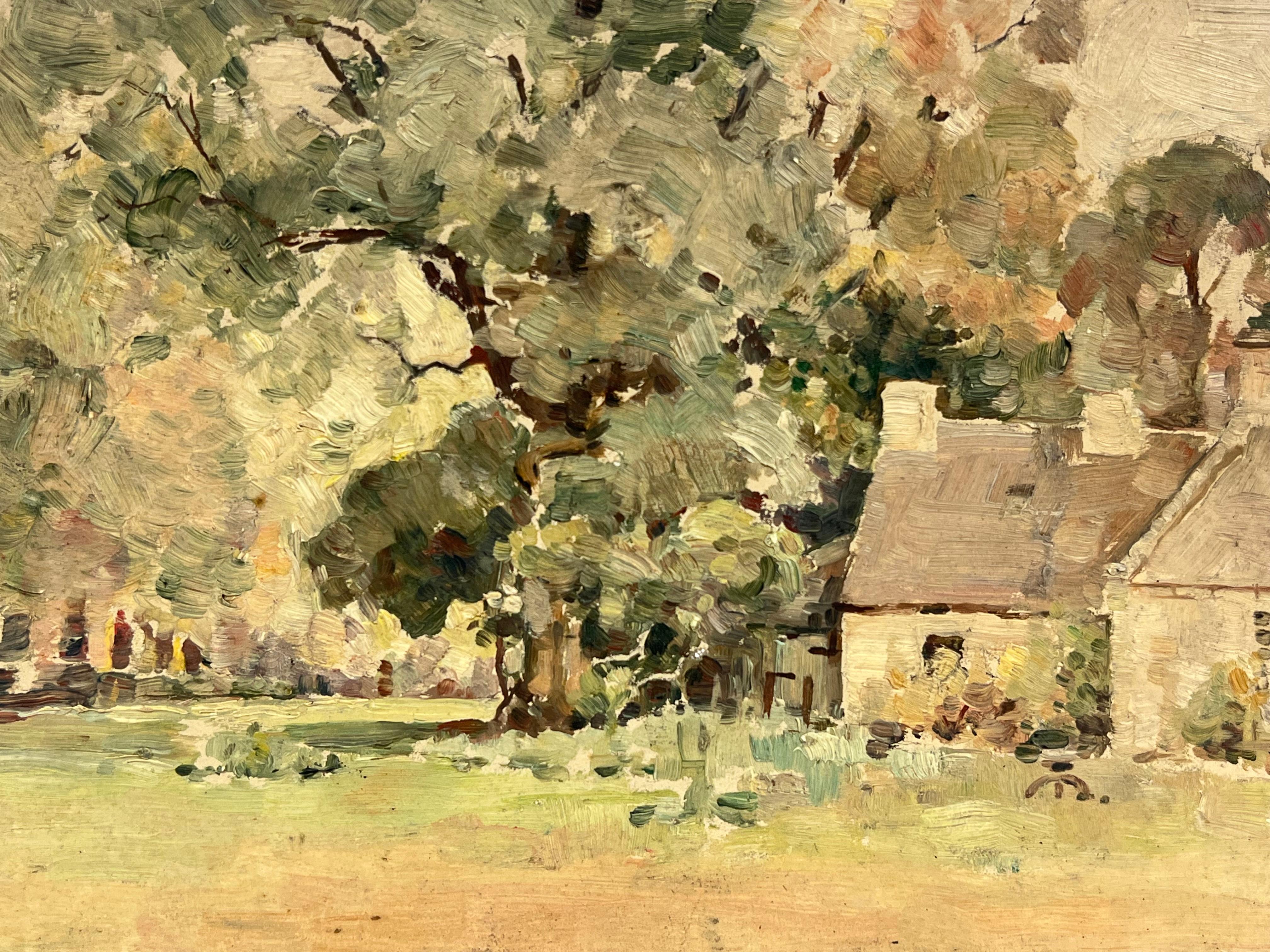 Vintage 1940's Scottish Ölgemälde Old Cottage unter Wald Grün (Post-Impressionismus), Painting, von Harold Storey