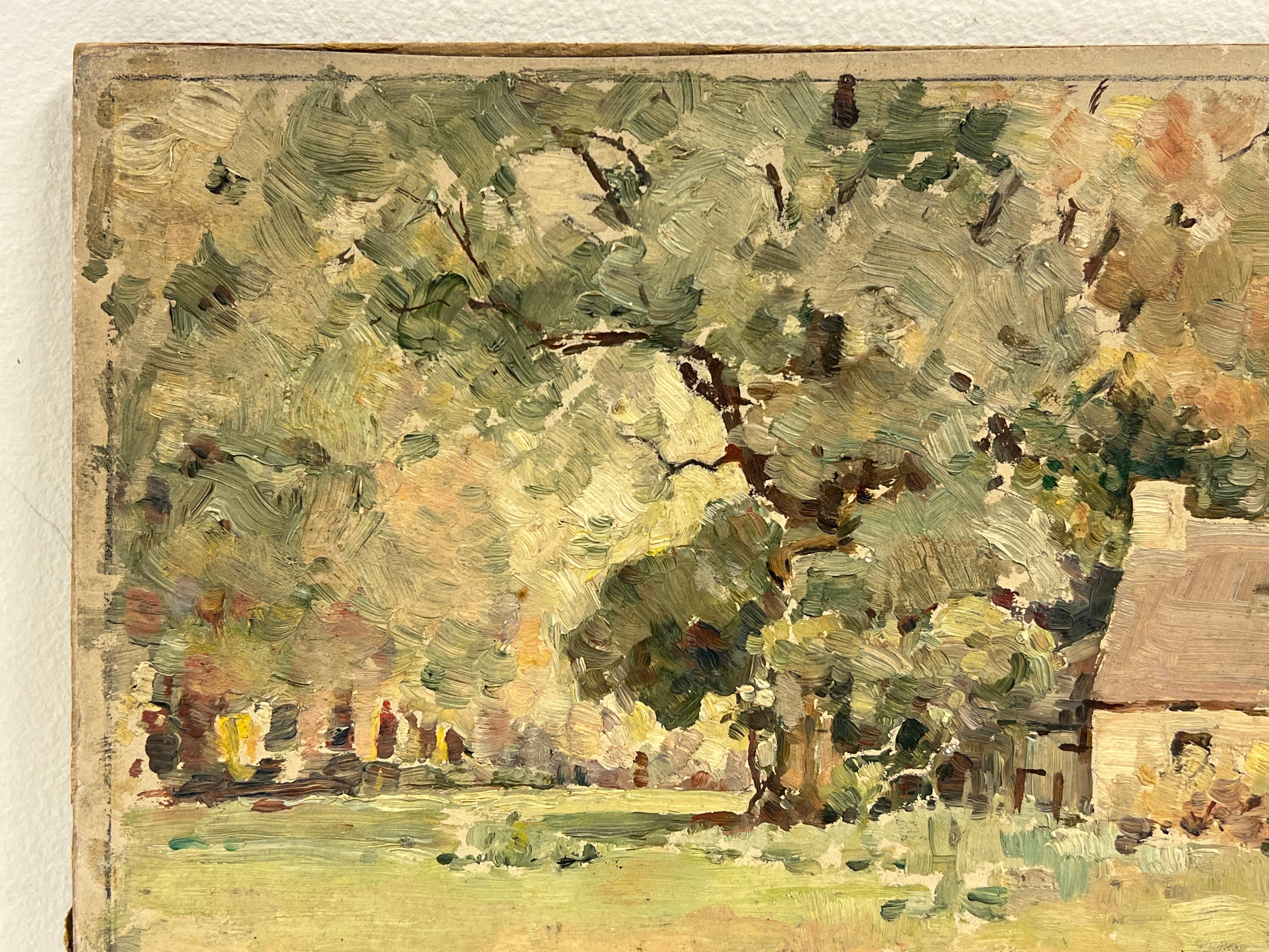 Vintage 1940's Scottish Ölgemälde Old Cottage unter Wald Grün (Braun), Landscape Painting, von Harold Storey