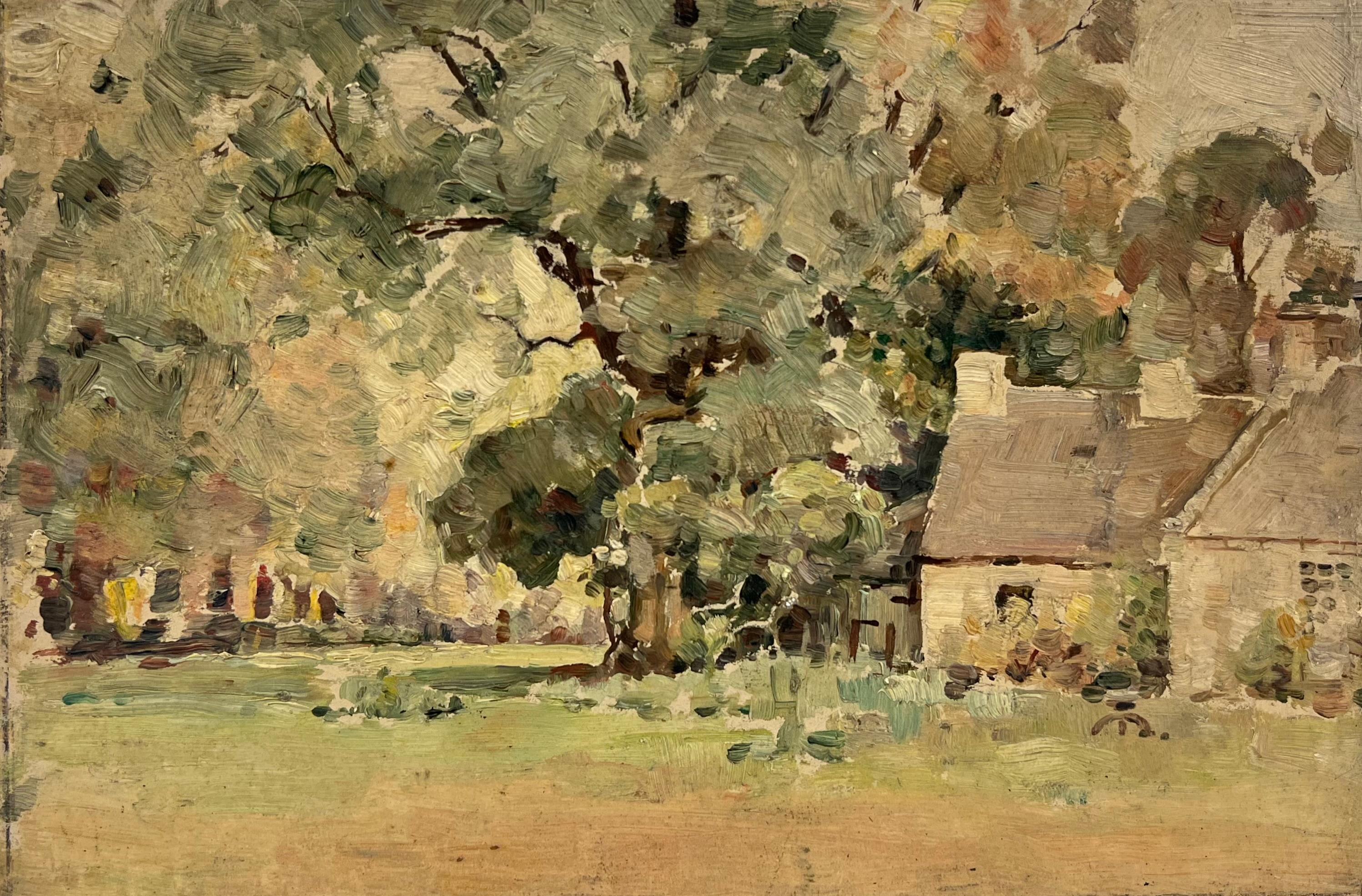 Vintage 1940's Scottish Ölgemälde Old Cottage unter Wald Grün