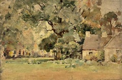 Vintage 1940's Scottish Ölgemälde Old Cottage unter Wald Grün
