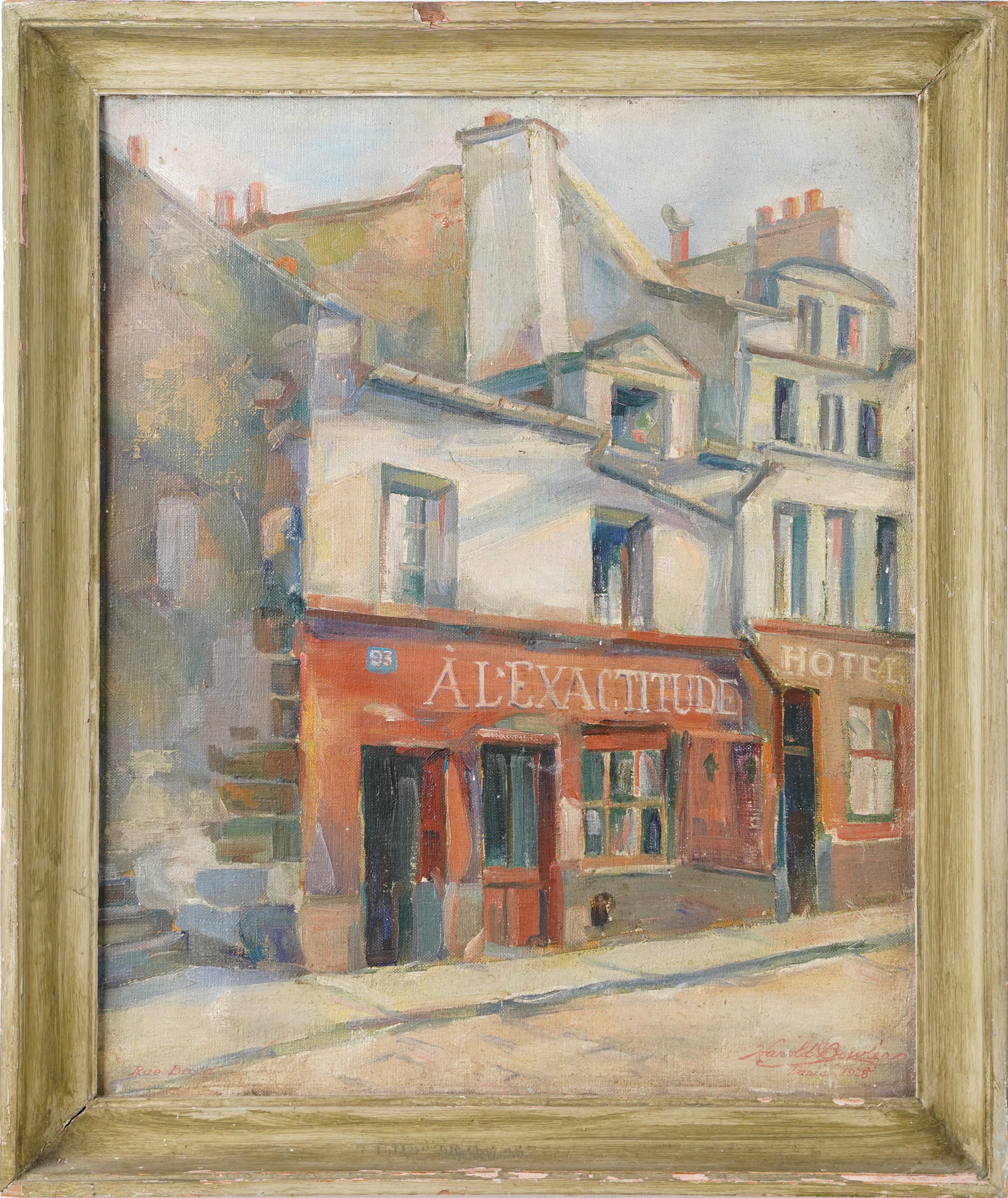  Peinture à l'huile ancienne d'un impressionniste américain encadrée représentant une scène de rue, signée à Paris