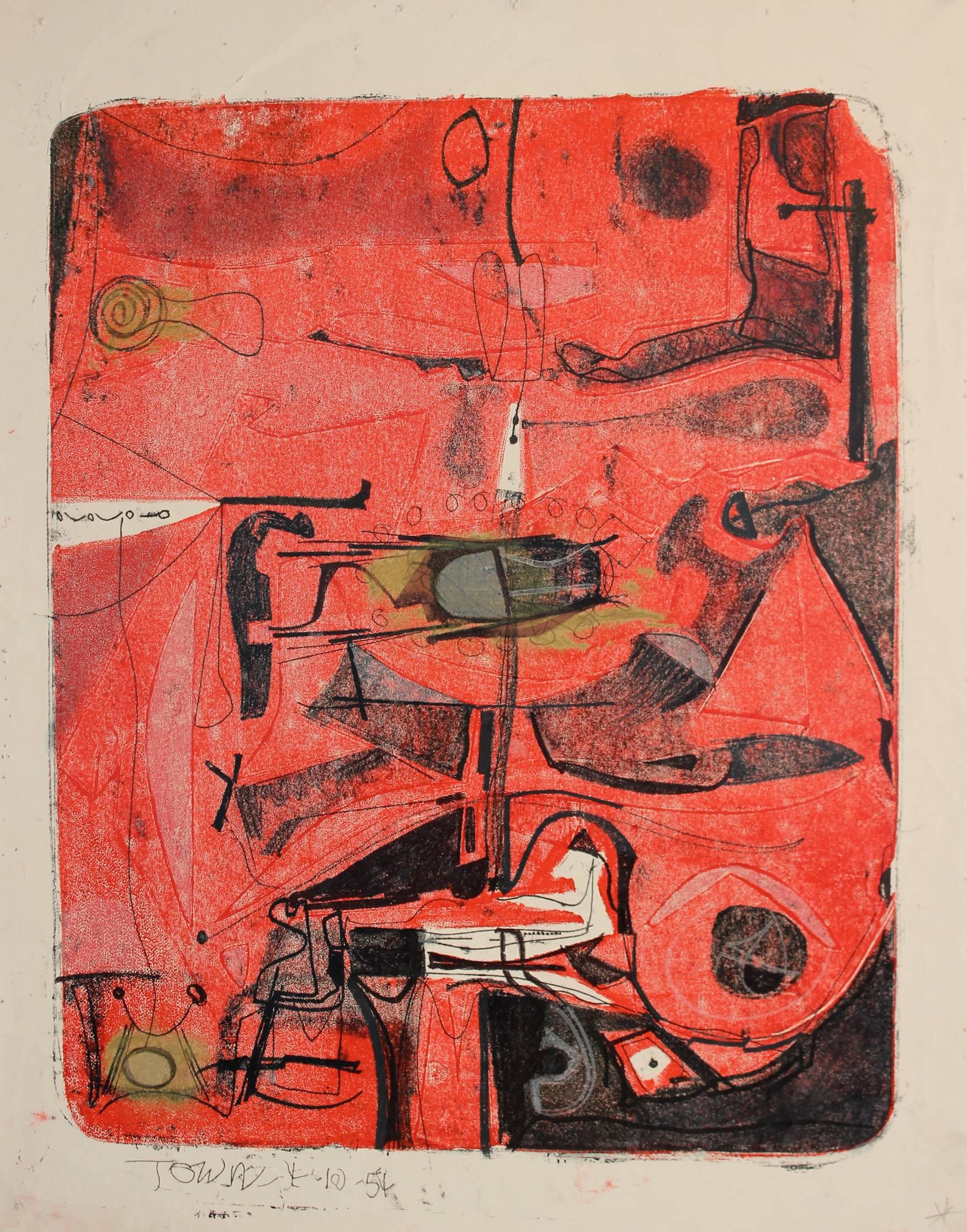Harold Town Abstract Print - Untitled Red and Black, abstract monoprint (Single Autographic Print)