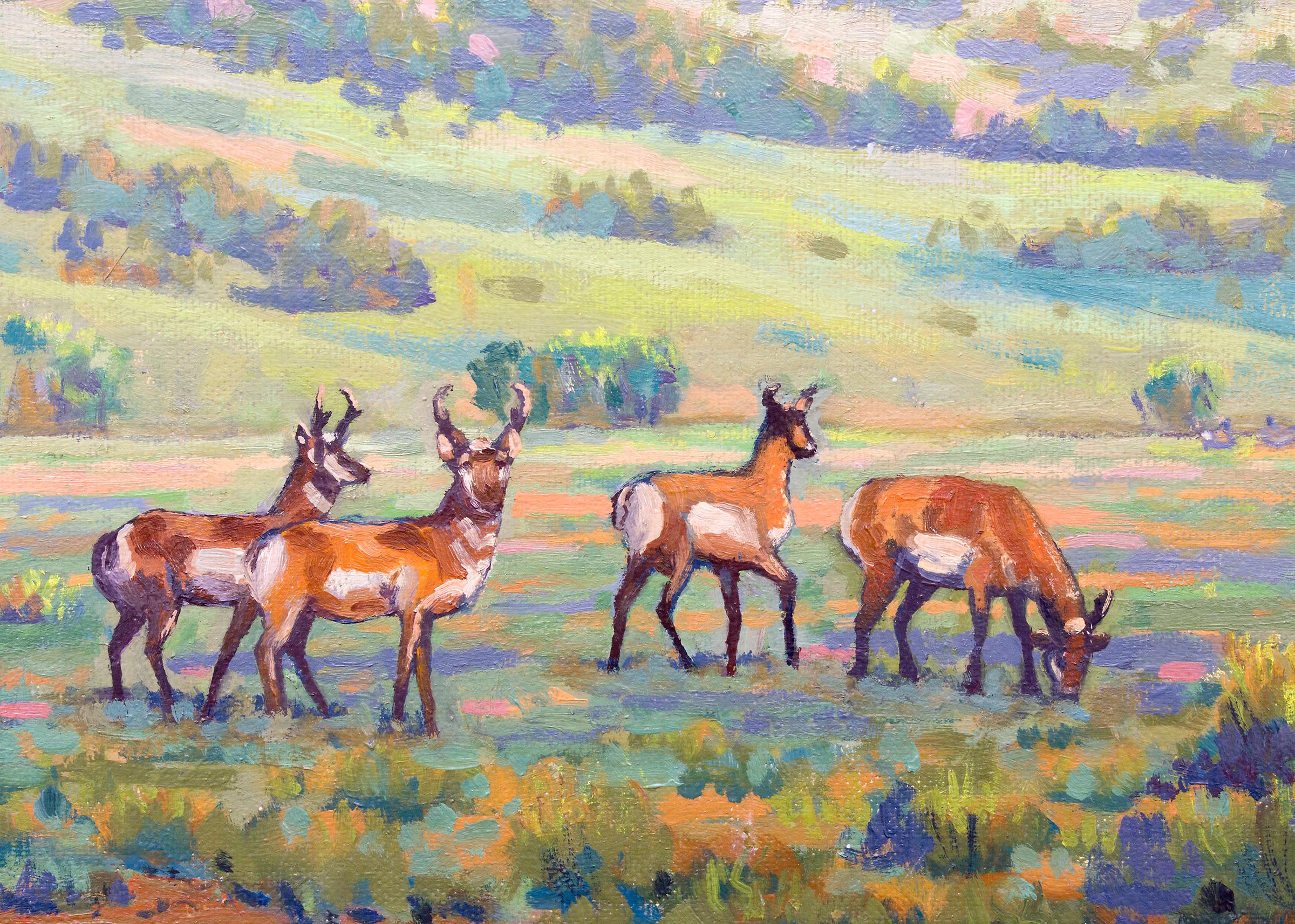 Antelope, Colorado Mountain Landscape Oil Painting, Animals Grazing, Green Blue - Gray Landscape Painting by Harold Vincent Skene