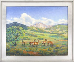 Vintage Antelope, Colorado Mountain Landscape Oil Painting, Animals Grazing, Green Blue