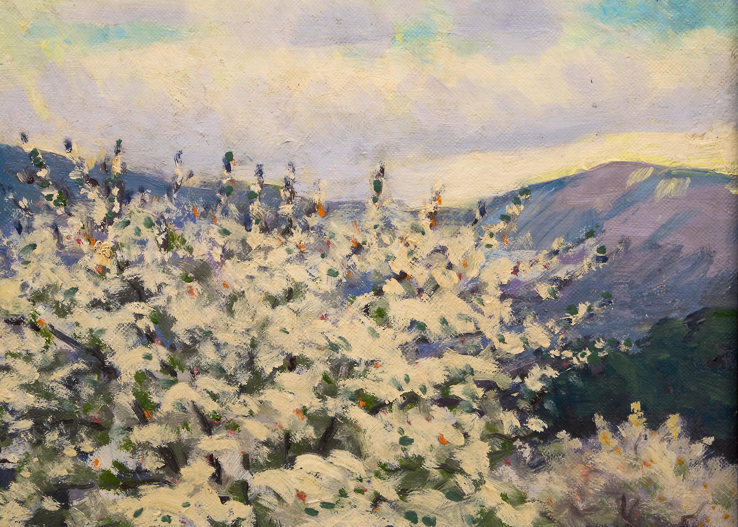 Apple Tree, vintage Signed oil painting of apple trees in blossom, springtime on the Western Slope, Colorado mountain landscape painting by Harold Skene (1883-1978). Dominant colors are green, blue and white with yellow and red/brown.  Custom frame