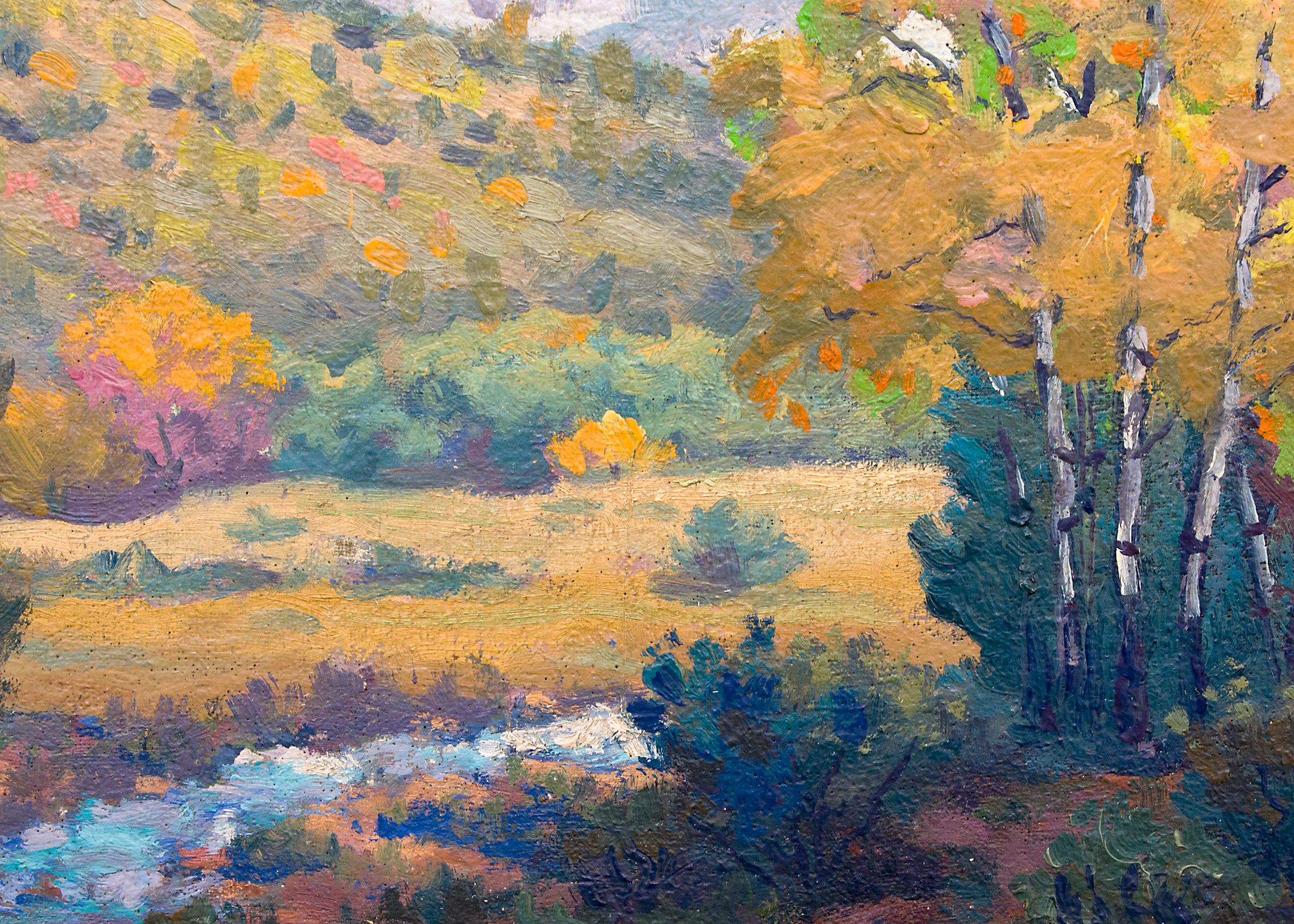 Vintage mountain landscape painting of Blanca Peak covered in snow with a creek and trees with autumn/fall coloring by Harold Skene (1883-1978). Blanca is part of the Sangre de Cristo range of the Rocky Mountains located near Alamosa in southern
