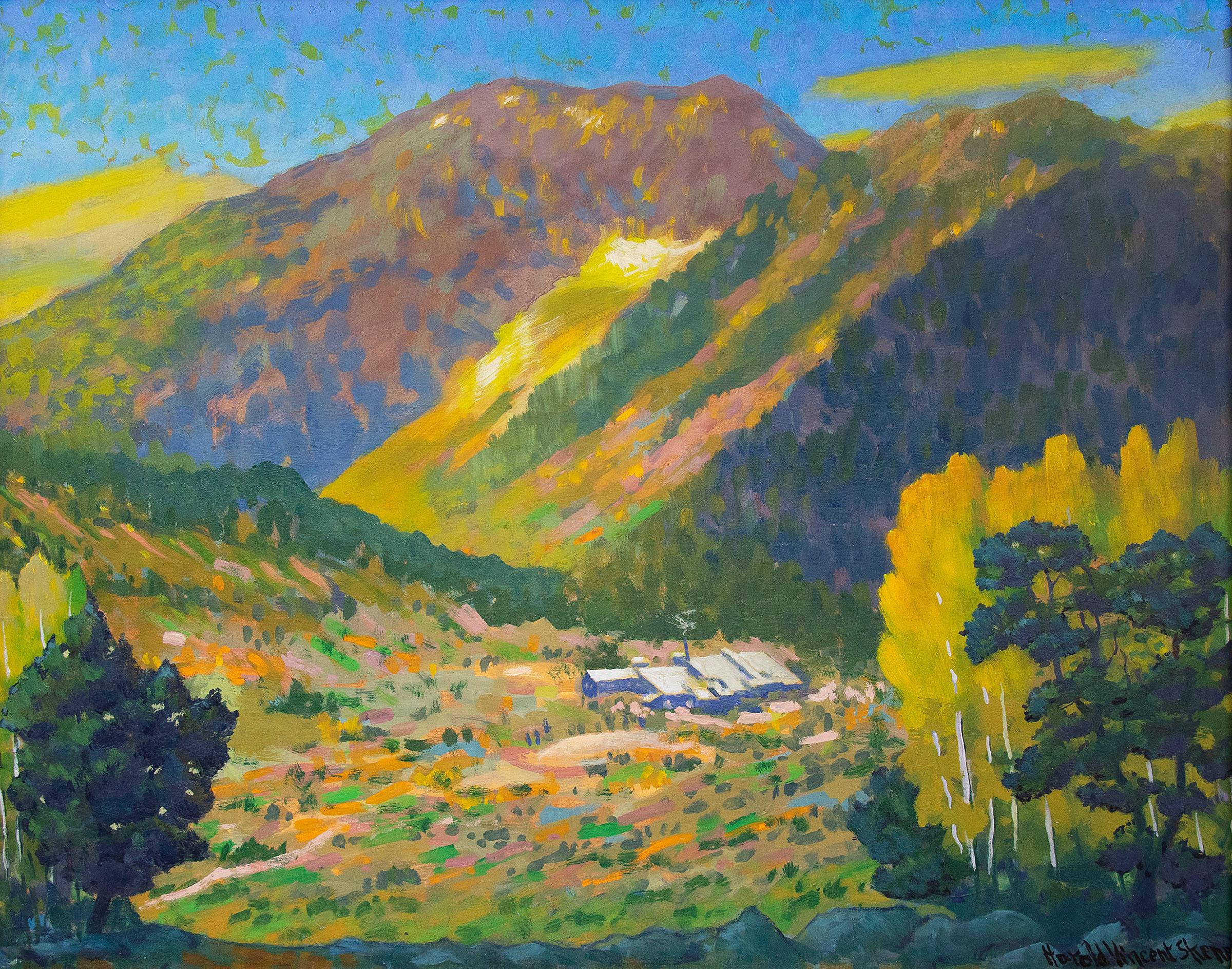 Camp Bird Mine, Ouray, Colorado, Mountain Landscape in Green, Yellow, Blue - Painting by Harold Vincent Skene