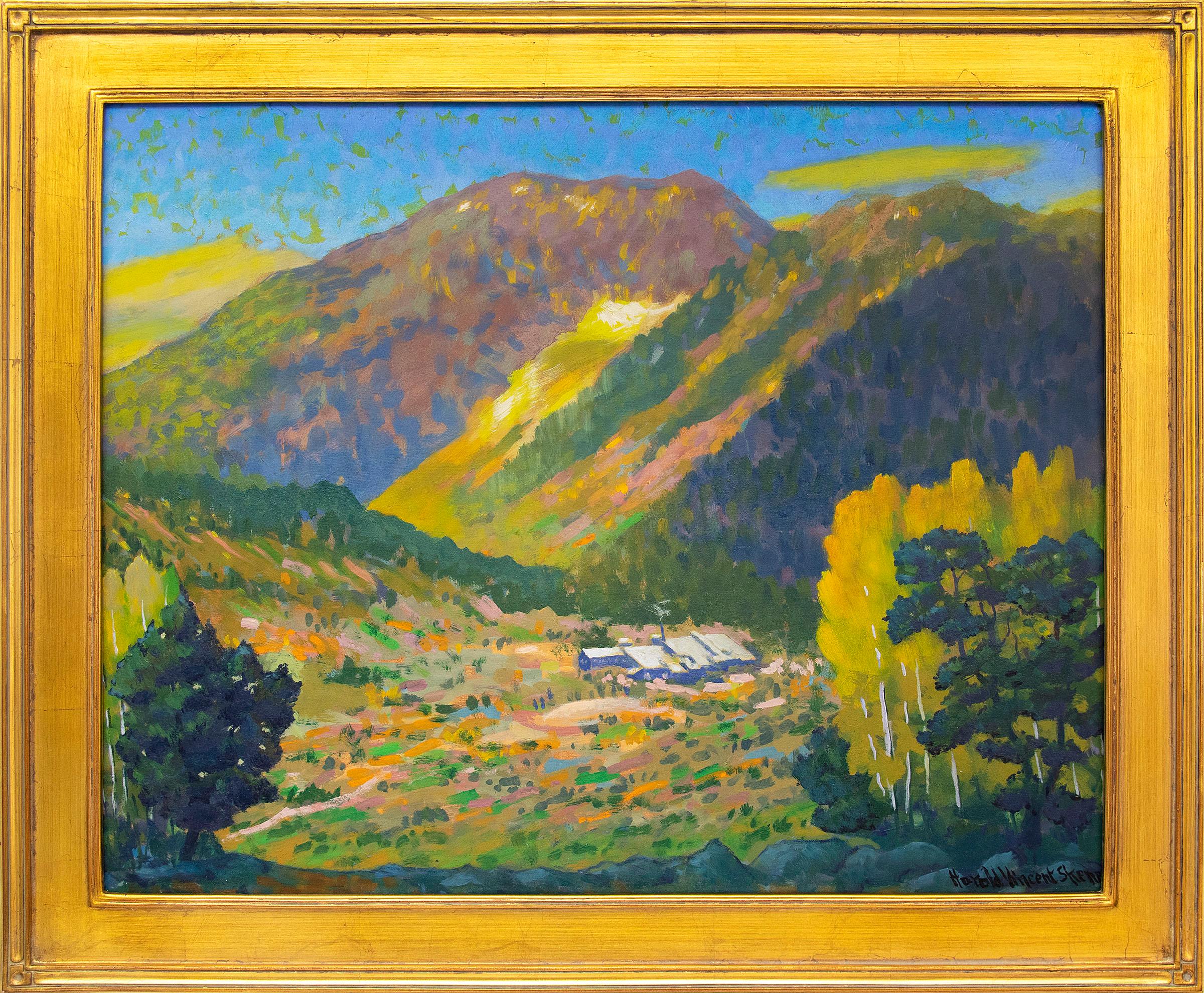 Harold Vincent Skene Figurative Painting - Camp Bird Mine, Ouray, Colorado, Mountain Landscape in Green, Yellow, Blue