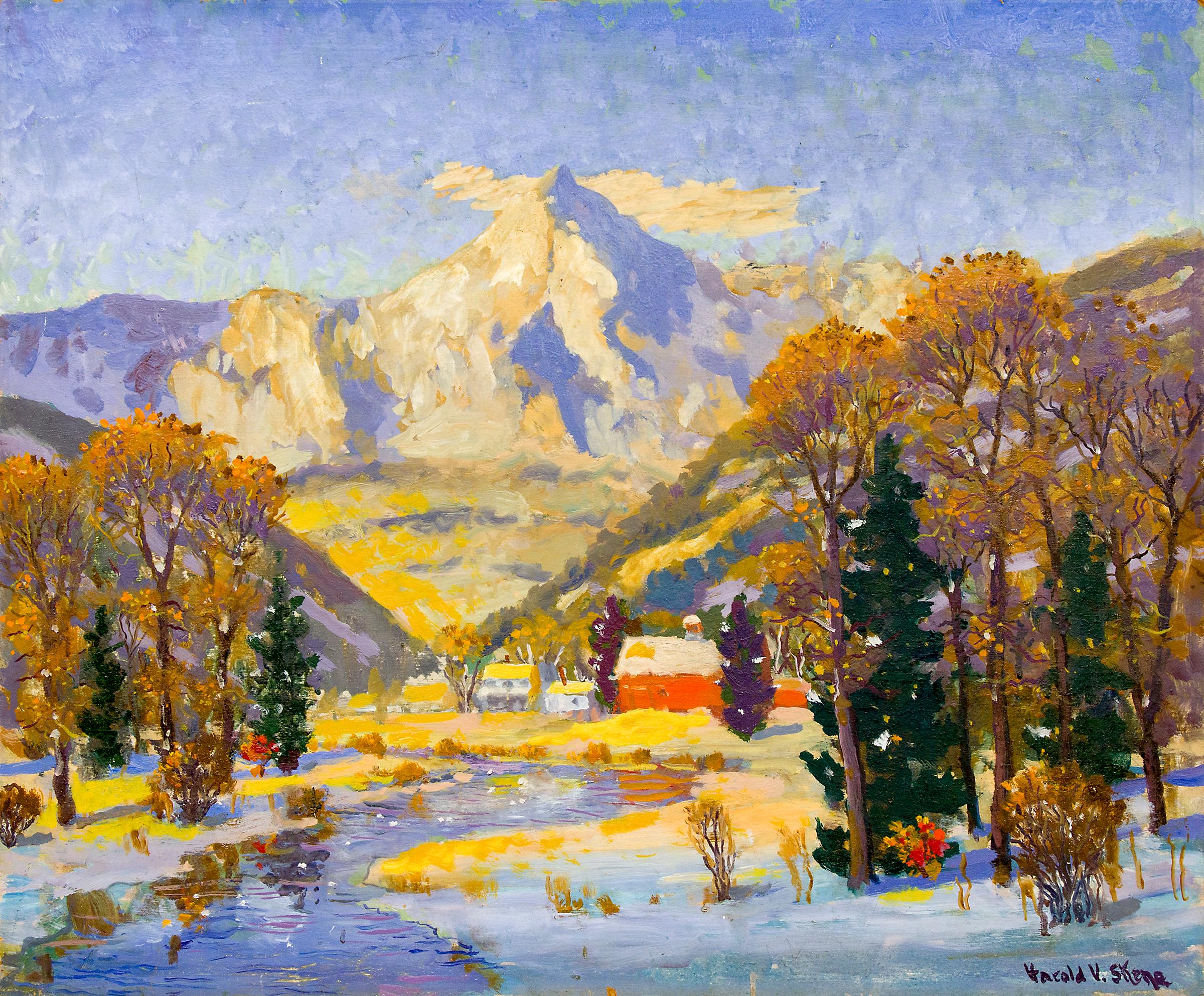 Colorado Winter (Snowy Mountain Landscape with a Creek and Ranch House & Barn) - Painting by Harold Vincent Skene
