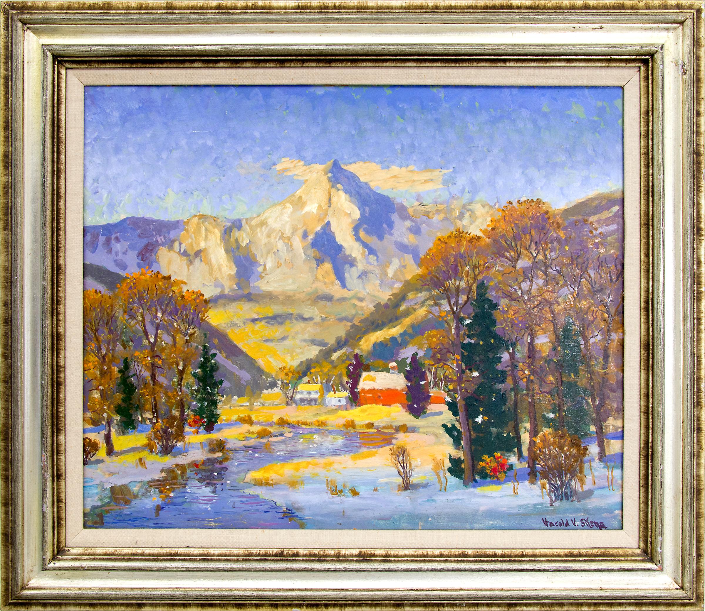 Harold Vincent Skene Landscape Painting - Colorado Winter (Snowy Mountain Landscape with a Creek and Ranch House & Barn)