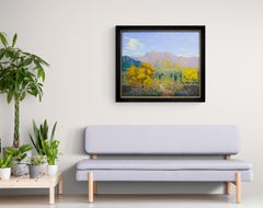 Desert Gold, 1950s Framed Southwestern Landscape with Saguaro Cactus & Mountains